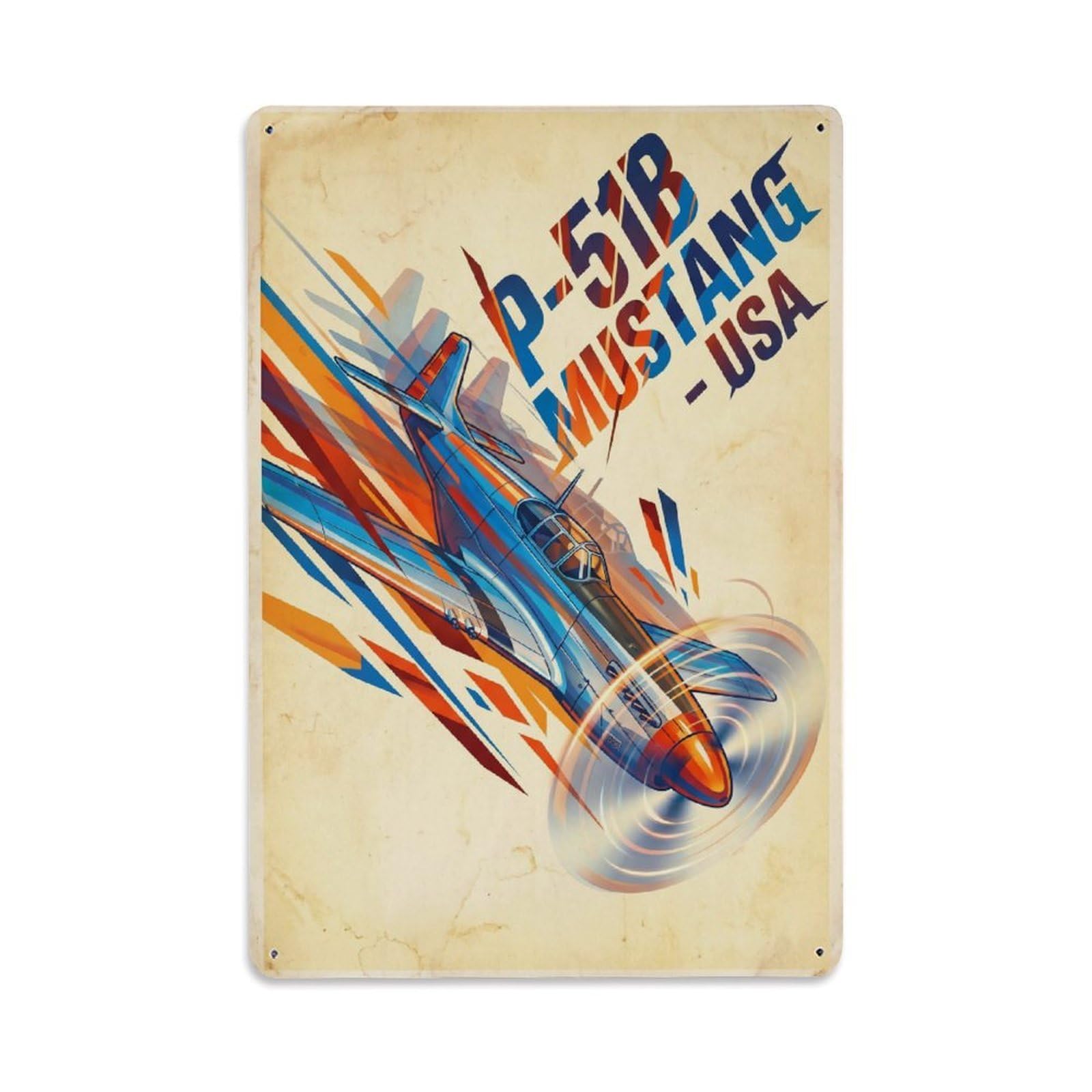 P-51B Mustang US WWII Military Memphis Geometry Metal Tin Sign Plaque Wall Decor for Cafe, Man Cave, Club Bar, Office, Home Garden Round Metal Poster 8x12Inch