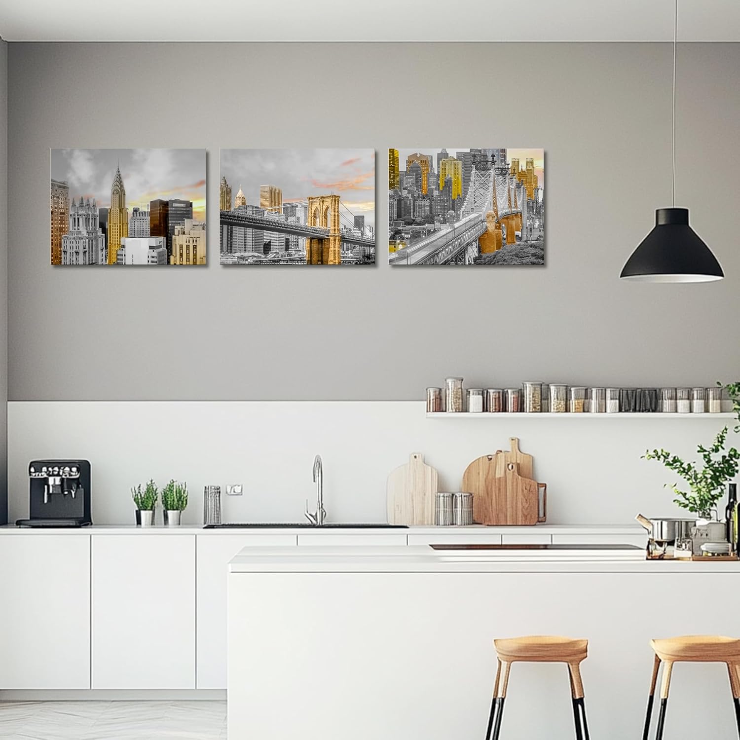 Sepwrol New York City Canvas Wall Art, Modern Grey and Gold NYC at Gold Sunset Cityscape Printing Artwork for Home Living Room Bedroom Office Wall Decor, 12"x16"x3