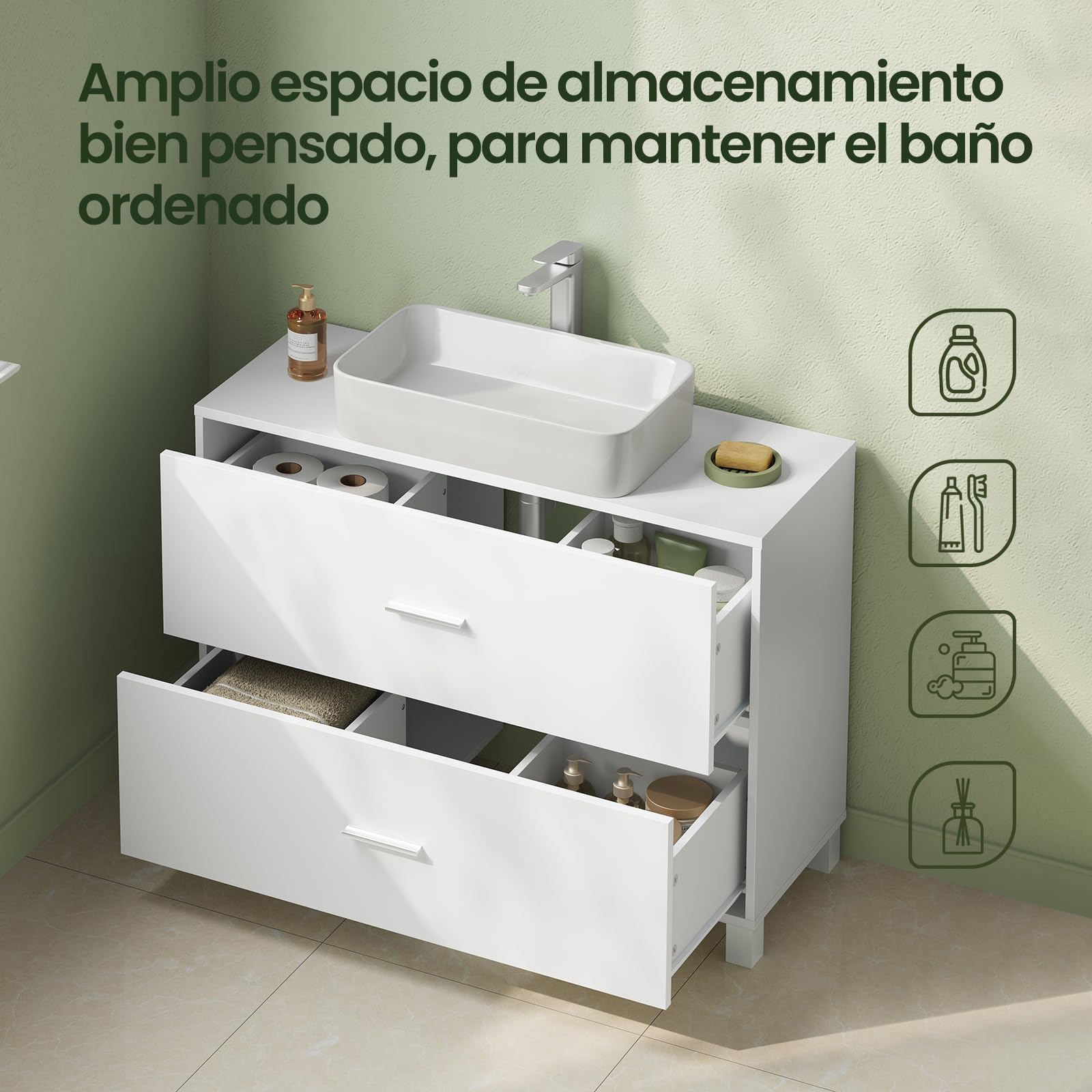 EUGAD Mueble Bajo Lavabo, Armario Baño de Pies con 2 Cajones, 80x30x60 cm, Mueble Baño Moderno con Recorte de Sifón 20x22 cm, Armario para Lavabos con Pedestal, Blanco