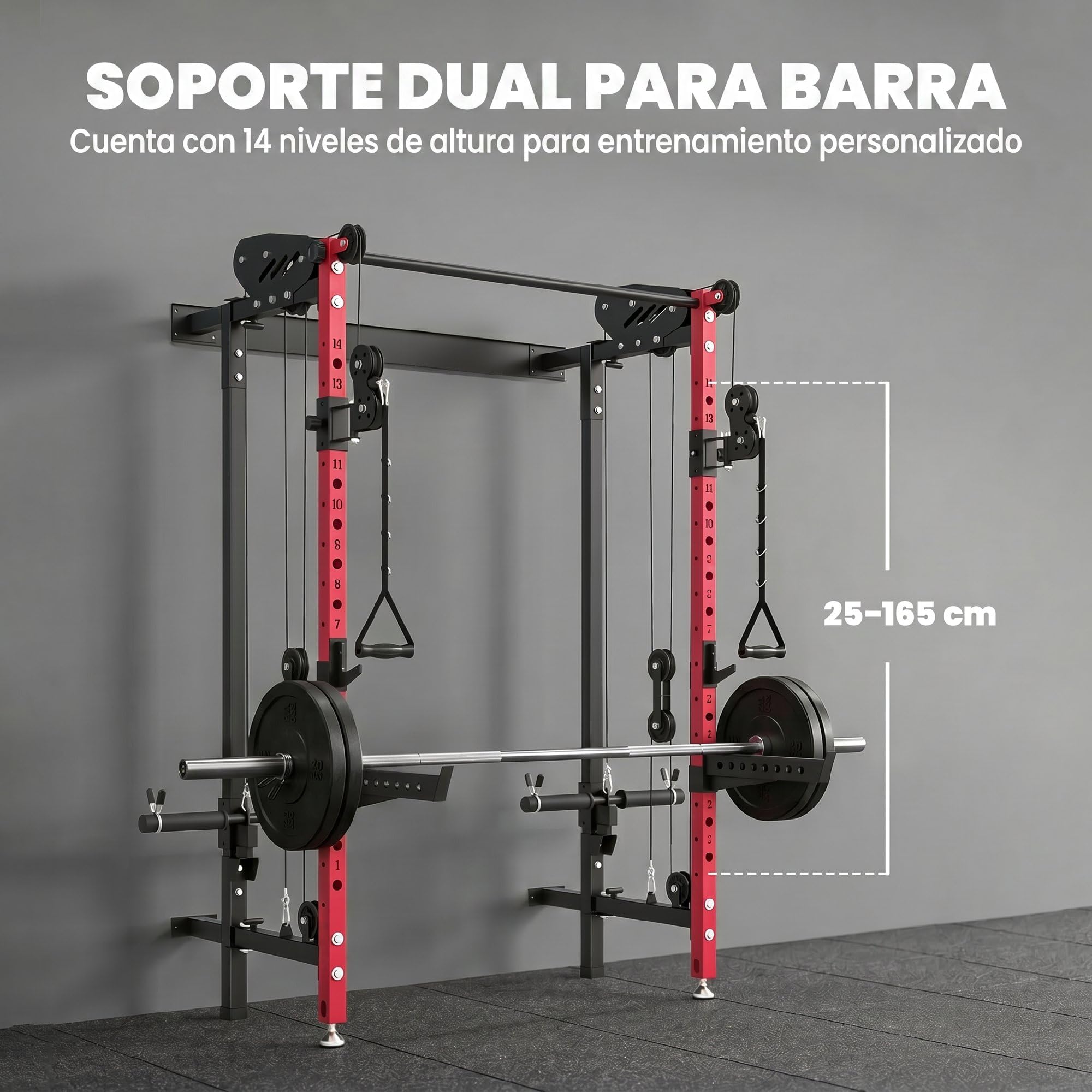 SPORTNOW Jaula de Potencia Musculación Plegable, Rack para Sentadillas | en Pared, Barra de Dominadas, Sistema Poleas Dobles, Soportes Barra Ajustables en 14 Niveles 25-165cm, Carga 700 kg
