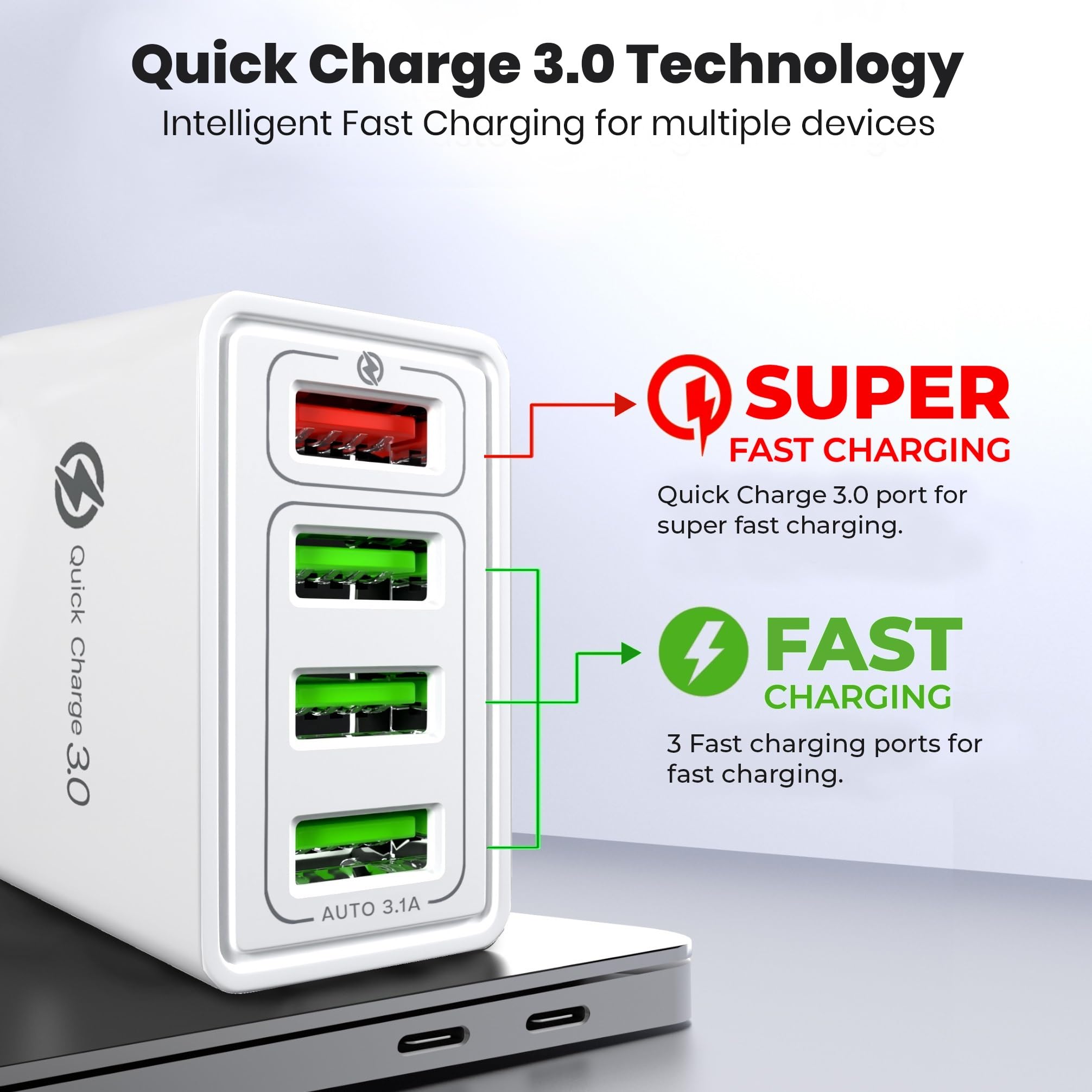 Fast Charger Plug USB Charger – Ultra Fast 4 Port Multi USB Plug Adaptor UK – 33W Quick Charge 3.0 Wall Charger Adapter Plug UK – Phone Charger Plug Fast Charging for iPhone, Samsung, iPad and more — view 4