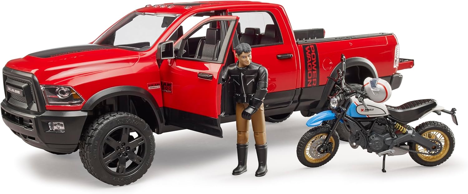 Bruder Ram 2502 Power Wagon with Ducati Scrambler Desert Sled and Driver Vehicles Toy (Color May Vary)