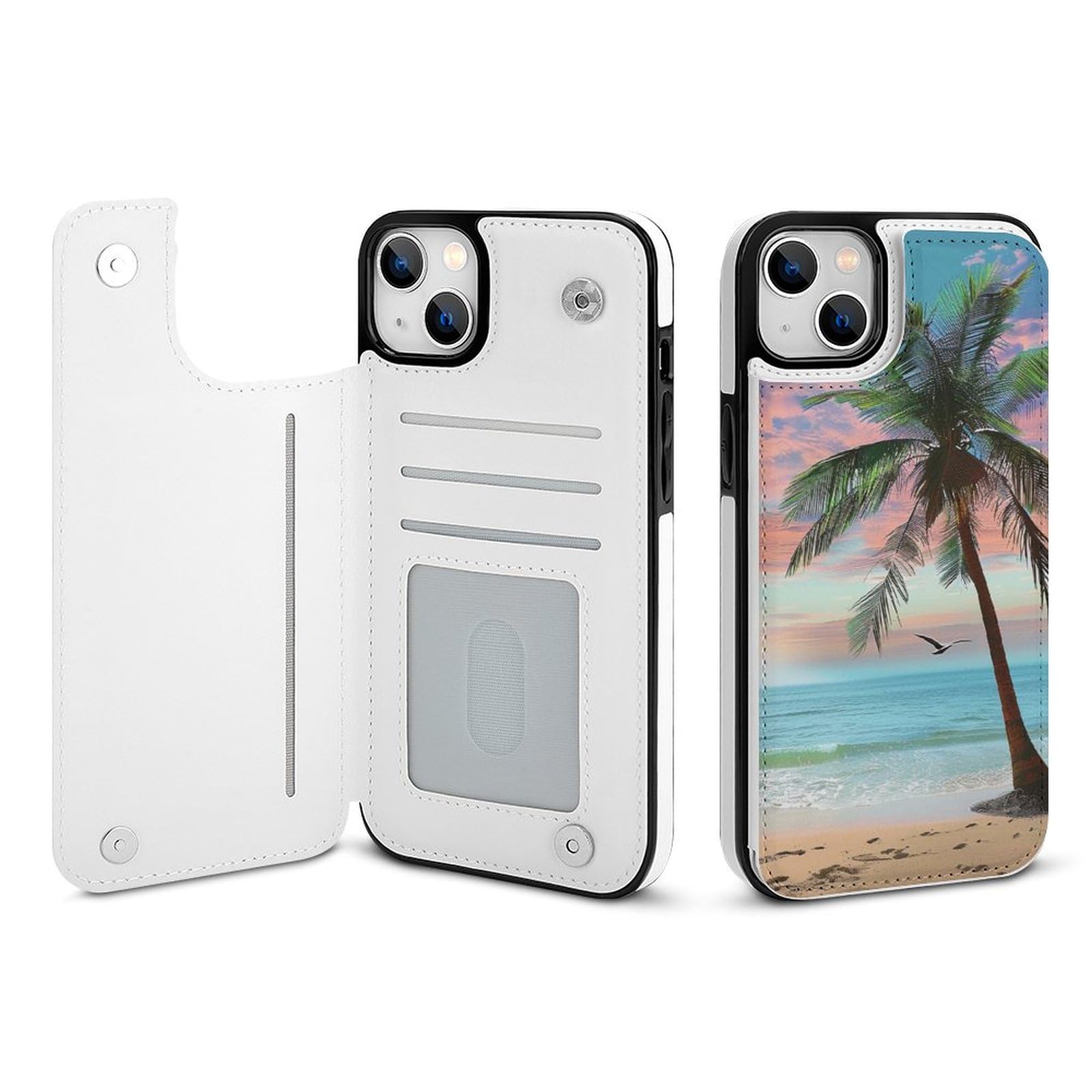 BWWHCCTI Wallet Case for iPhone 14 Plus - Coconut Palm Tree Sandy Beach Print PU Leather Flip Shockproof Wallet Phone Cases Cover with Card Slots,