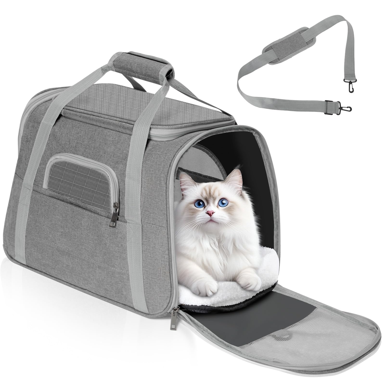 Romon Cat Transport Bag, Breathable and Foldable Cat Dog Transport Box up to 6 kg, Cage Transport Basket, Carriers with Plush Mattress, Transport Box for Cats and Dogs, Grey
