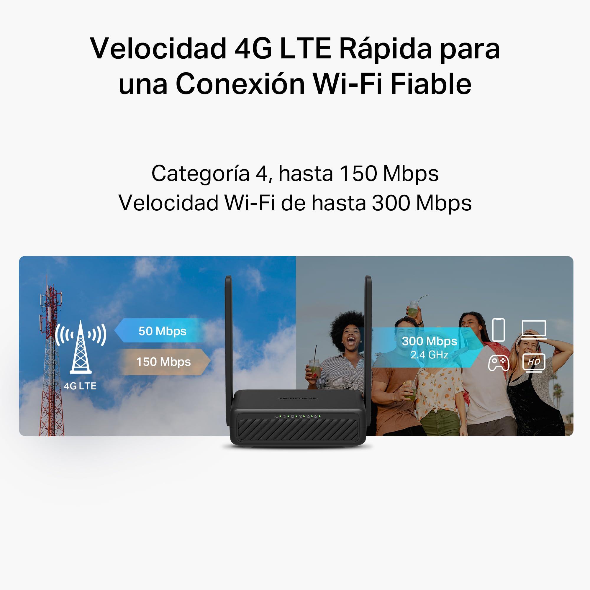 MERCUSYS MB113‑4G - Router 4G LTE Portátil, Wi‑Fi N‑300 hasta 32 Dispositivos, SIM Nano Plug & Play, USB‑C Powerbank y VPN