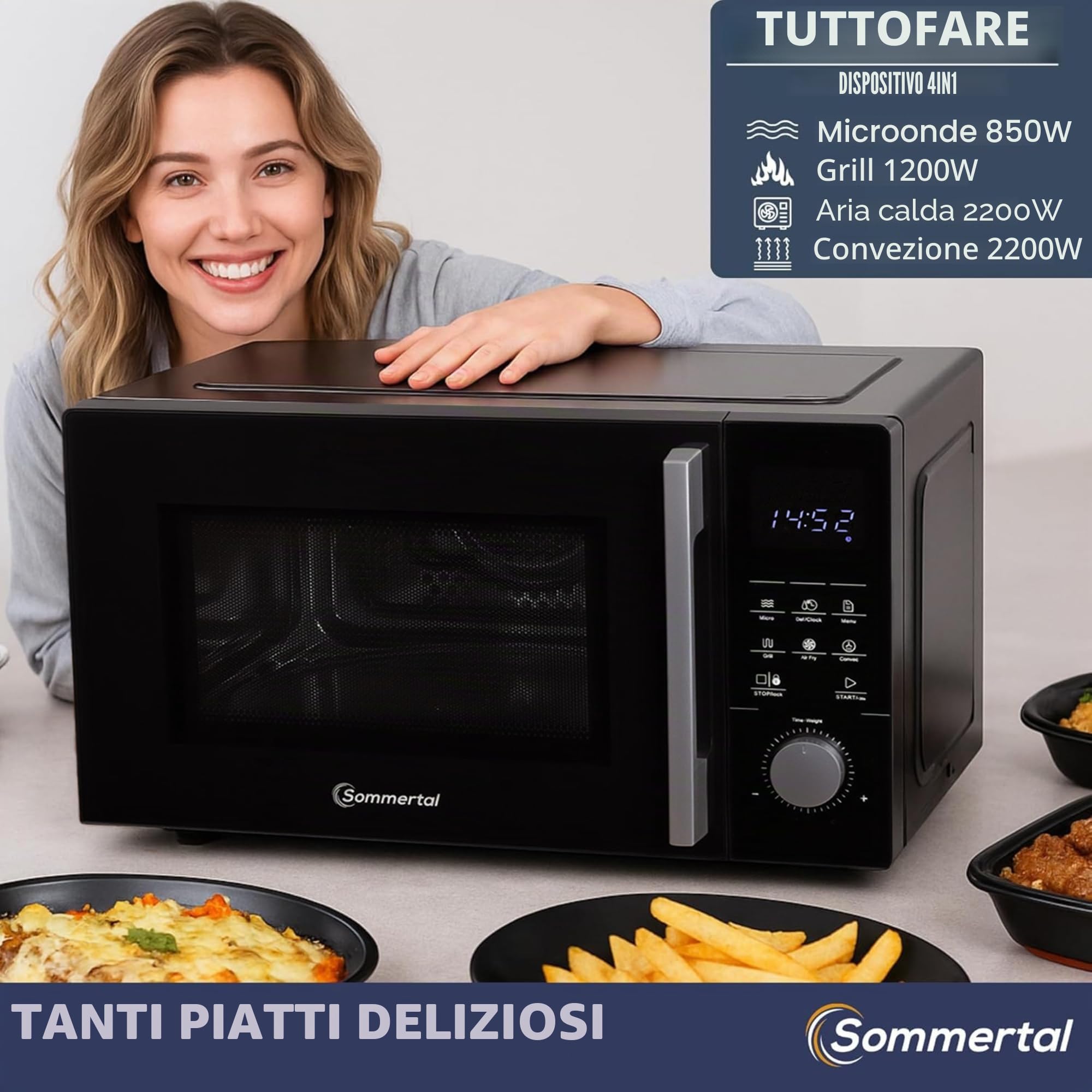 Sommertal Microonde 4 in 1 MW2200 25L – Touch, grill, aria calda, 8 programmi, timer da 99 minuti, sicurezza per bambini, avvio rapido, ruggine, padella per crisp