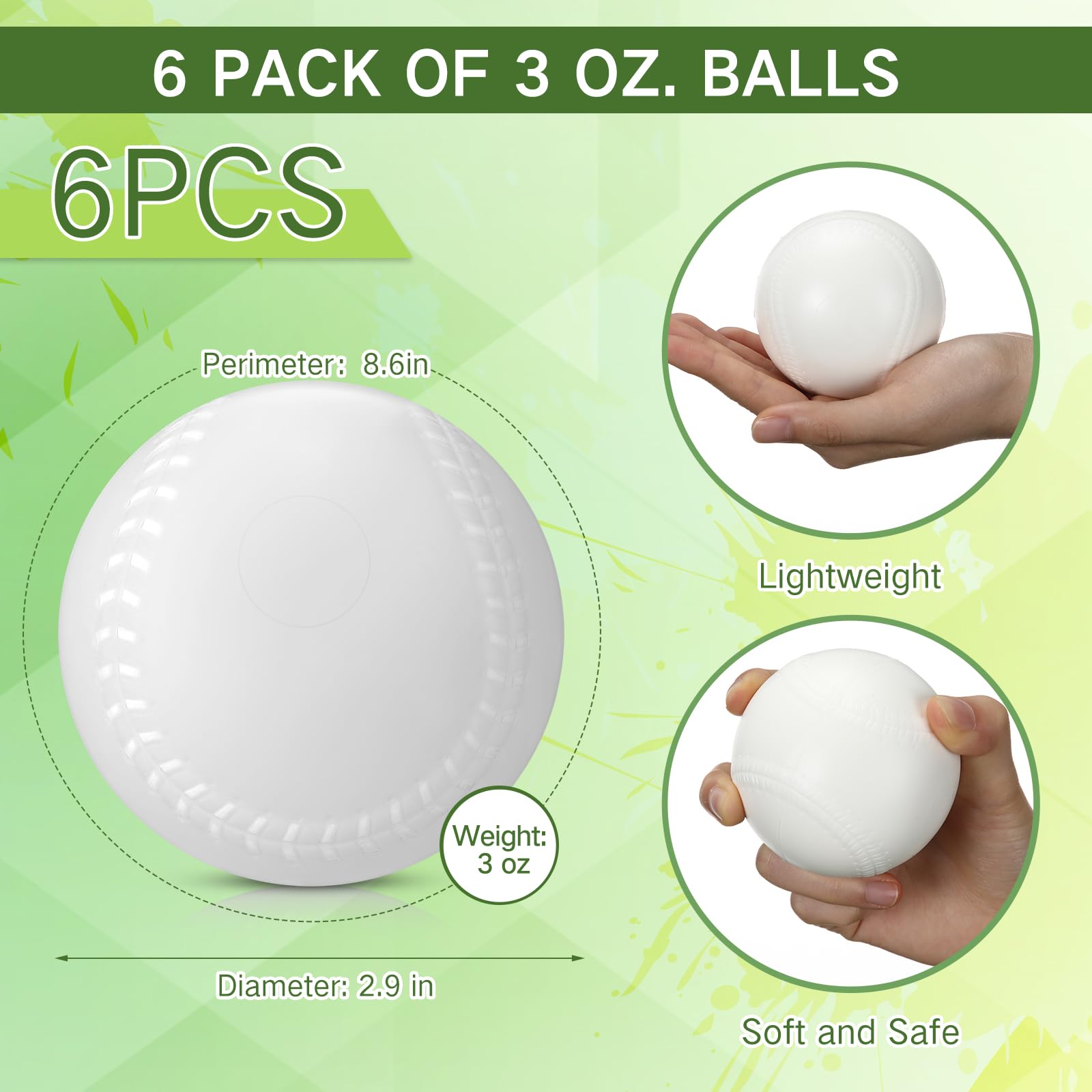 VioraWhite 6 Pack Pitching Machine Balls, Balls Foam Practice Baseballs High Density Foam Practice Baseball Softball Training Ball for Hitting Practice and Fielding Practice 3 oz 2.9 Inches