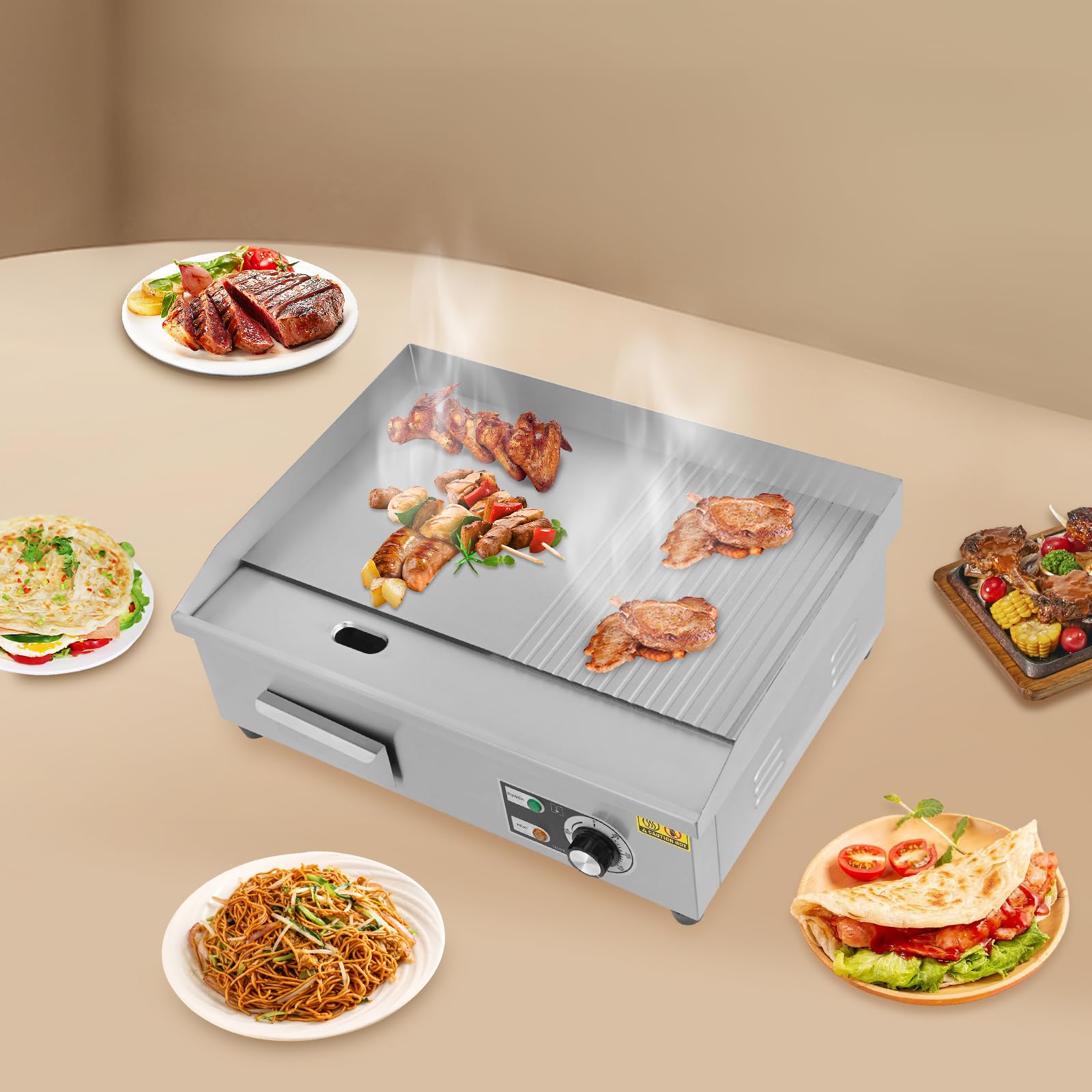 Griglia elettrica da 3000 W, griglia elettrica commerciale, in acciaio inox, temperatura regolabile con protezione grasso, griglia elettrica da tavolo, ciotola per barbecue argento