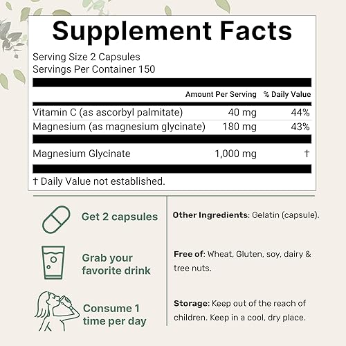 Miniatura 2 de Glicinato de magnesio puro 1,000 mg, 300 cápsulas | 100% quelado para una máxima absorción | Apoyo para el sueño, la salud muscular, del corazón y