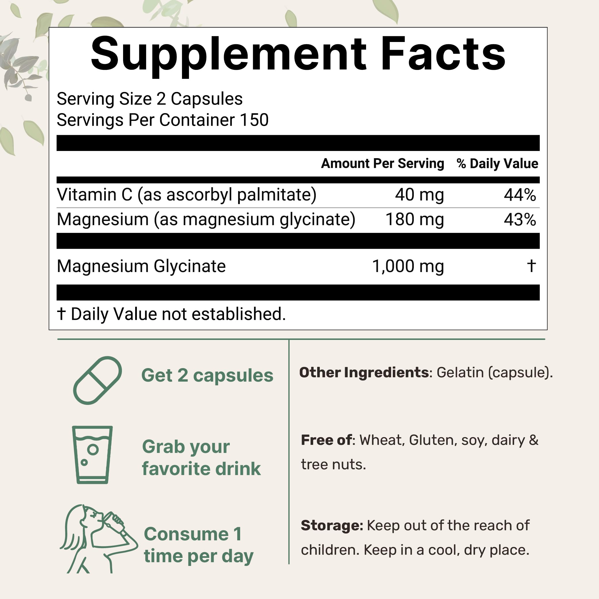 Pure Magnesium Glycinate 1000mg Per Serving (500mg Per Caps), 300 Capsules — Amazon image 2