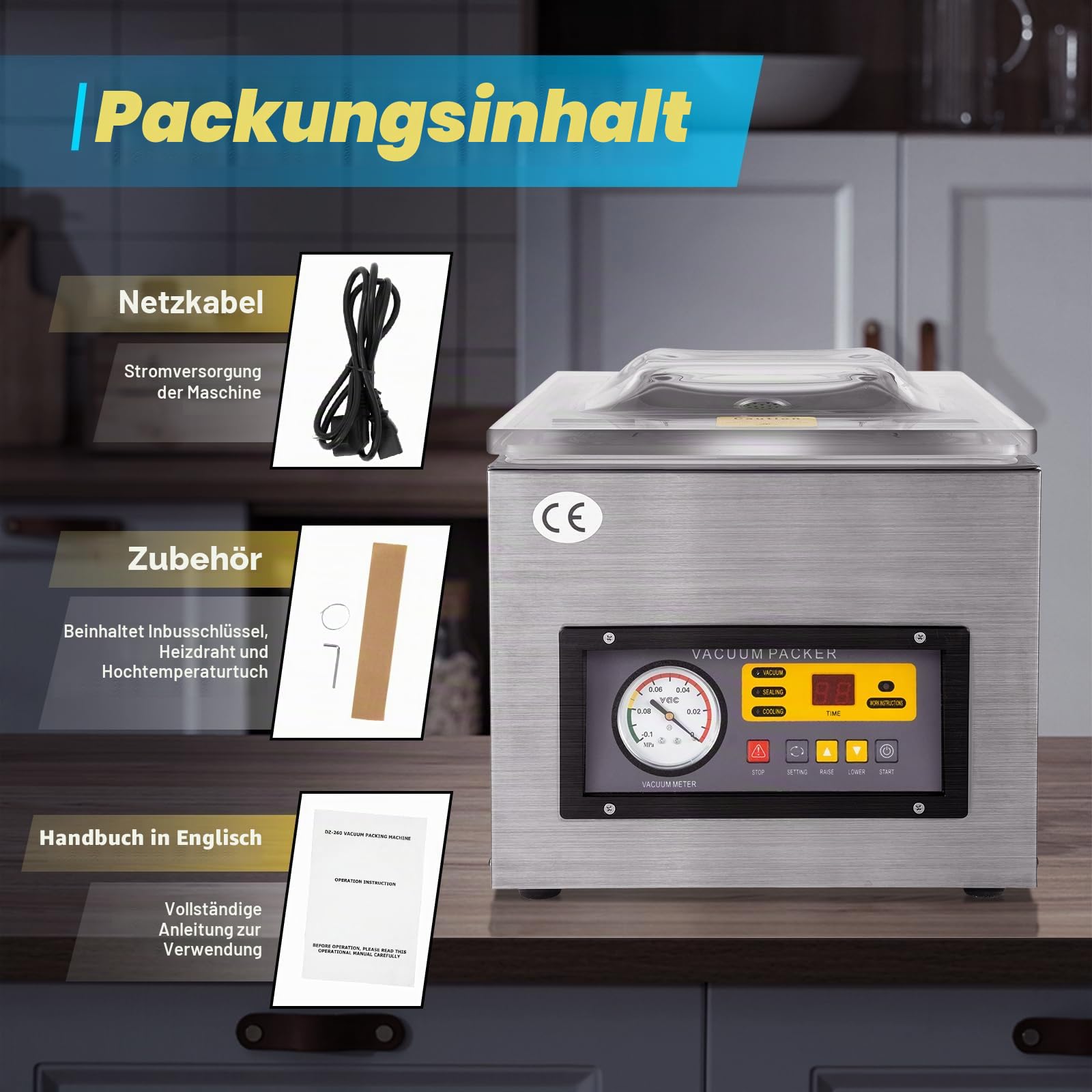 3-in-1 Vakuumierer, 120W Industriell Kammervakuumierer Kommerzielle Tisch Vakuumiergerät Edelstahl Profi-Vakuummaschine DZ-260C, 11.8x10.24in Maximalgröße für Feuchte Lebensmittel Fleisch Marinaden