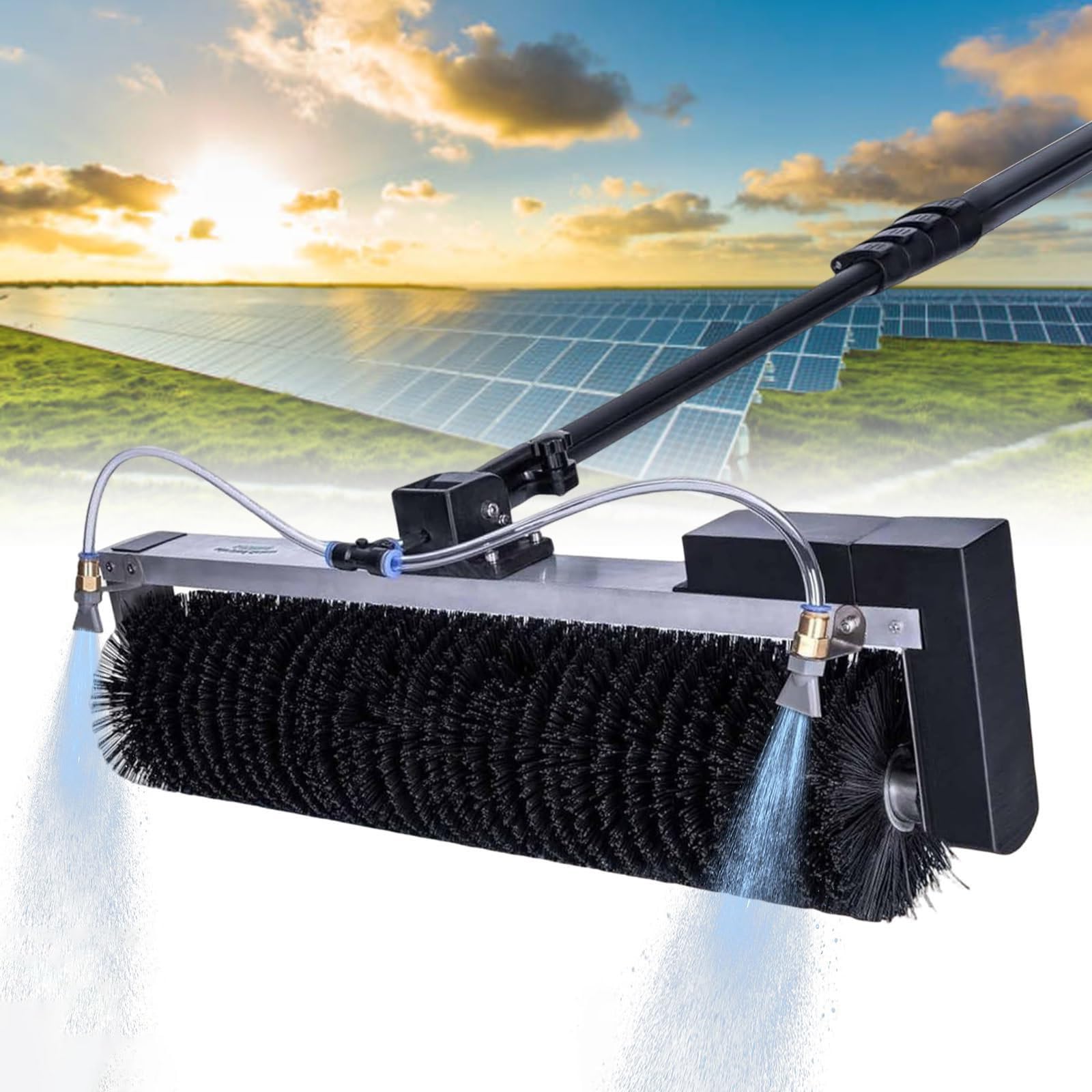 Kit de limpieza de paneles solares, cepillo telescópico alimentado por agua con cabezal giratorio de 360° para techos, revestimientos y superficies exteriores, poste de extensión de 5,5 m