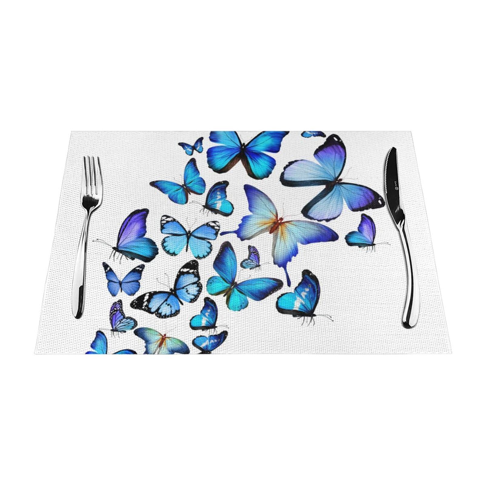 PVC Placemat Set of 1 PCS, 45x30 CM, Blue Butterfly Printed Non-Slip Heat Resistant Place Mats for Kitchen Dining Table Indoor Outdoor