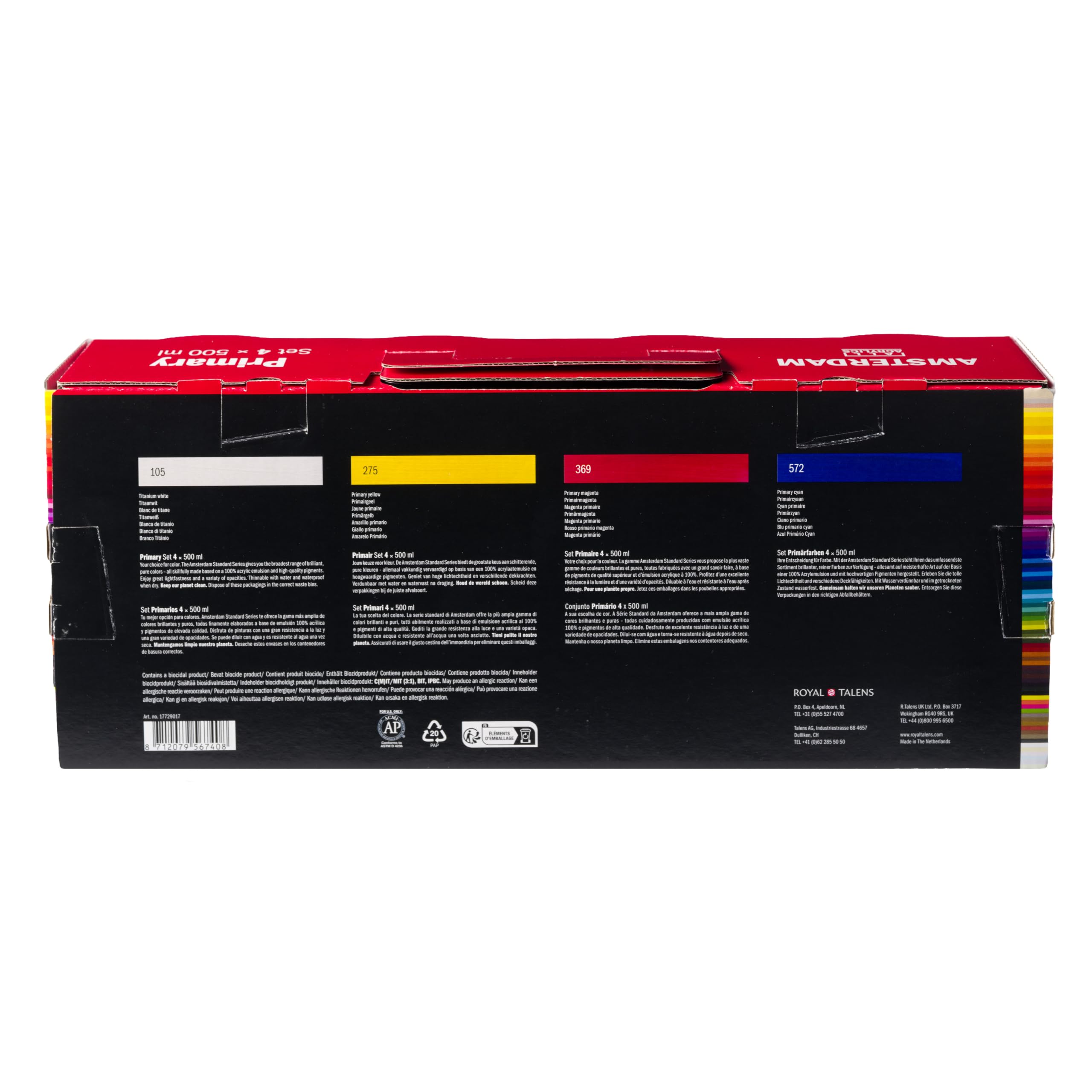 Amsterdam Standard Series | Pintura acrilica Primary Set | 4 x 500 ml | Colores primarios para mezcla | Pintura acrilica de viscosidad media para pintura