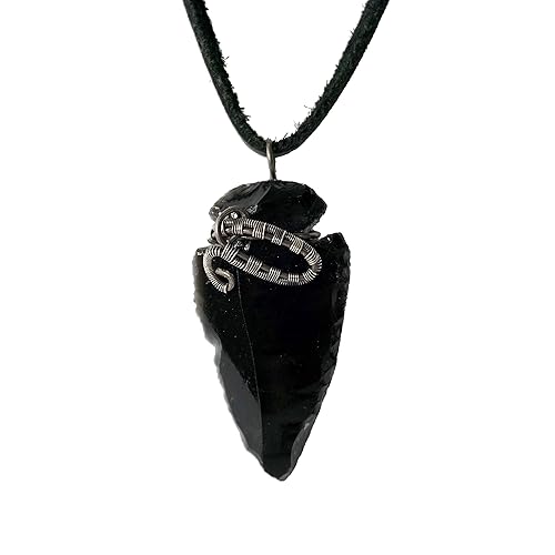 Raw Mens Obsidian Arrowhead Necklace in Antiqued Sterling Silver with Black Leather
