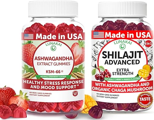 Lunakai Paquete de gomitas Ashwagandha KSM-66 y Shilajit Advanced de fabricación en Estados Unidos, equilibrio del estado de ánimo y apoyo de
