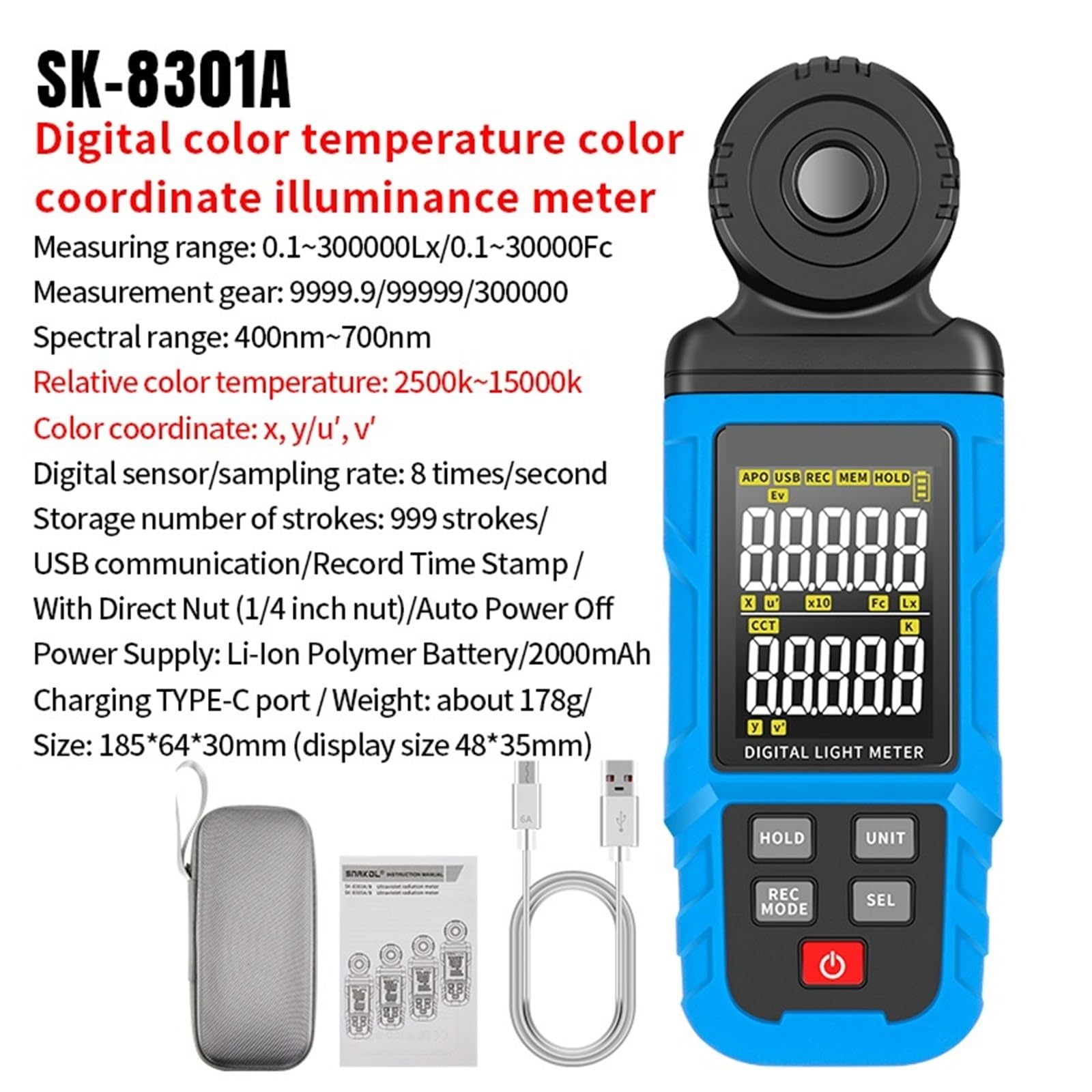 Medidor de iluminancia espectral SK-8301A/8302A, fotómetro de 0~300.000lux, luxómetro de Alta precisión, medidor de luz Digital CCT Lux/FC(SK-8301A)
