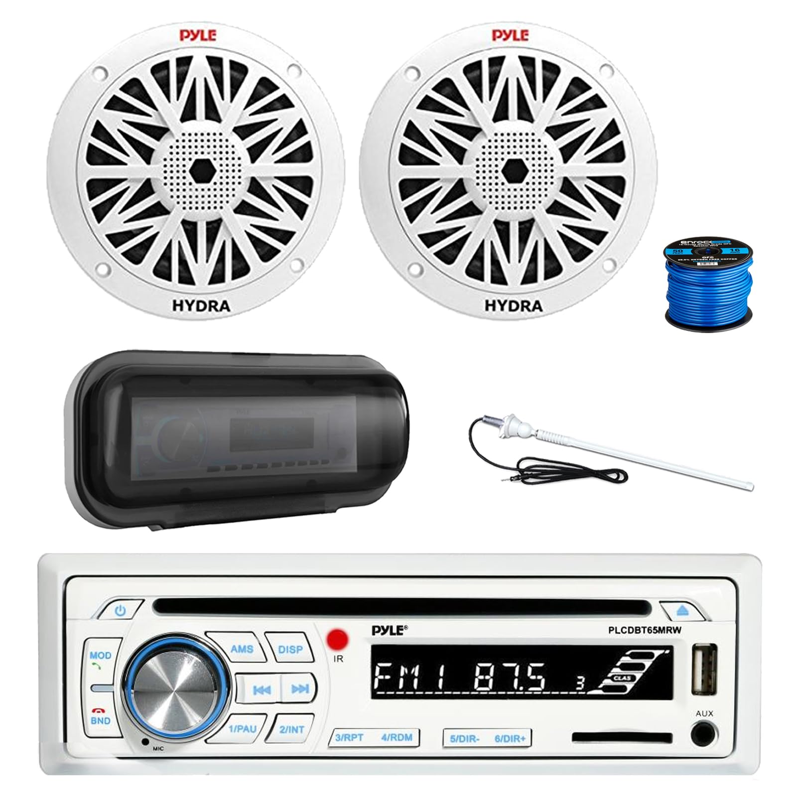 Pyle PLCDBT65 Bluetooth Marine Stereo AM/FM CD Stereo Receiver, Radio Cover, 2X 6.5 200 Watt Peak Full Range 2-Way Waterproof Audio Speakers w/Wire, Long Range Antenna