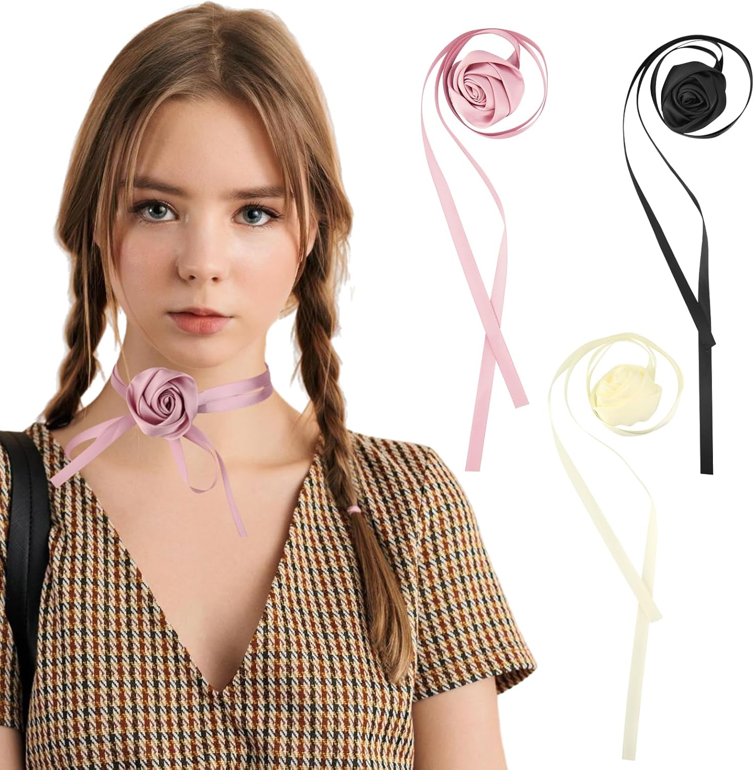 Beautyflier Flower Choker Necklace for Women, Adjustable Lace-up Design Handmade Big Rose Flower Chokers, Floral Necklace for Party Bride Wedding Party Summer Necklaces - Image 7