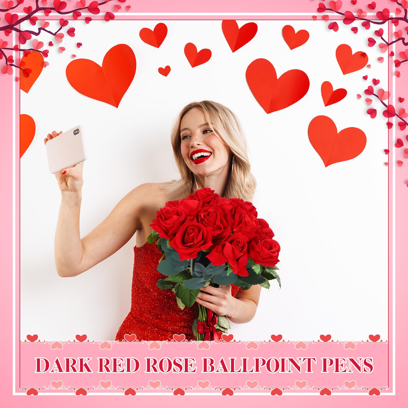 Yexiya Lot de 32 stylos à bille en forme de rose rouge pour mariage, Noël, Saint-Valentin, Halloween, pour bureau, salle de classe, fournitures scolaires, fête, décoration de bureau