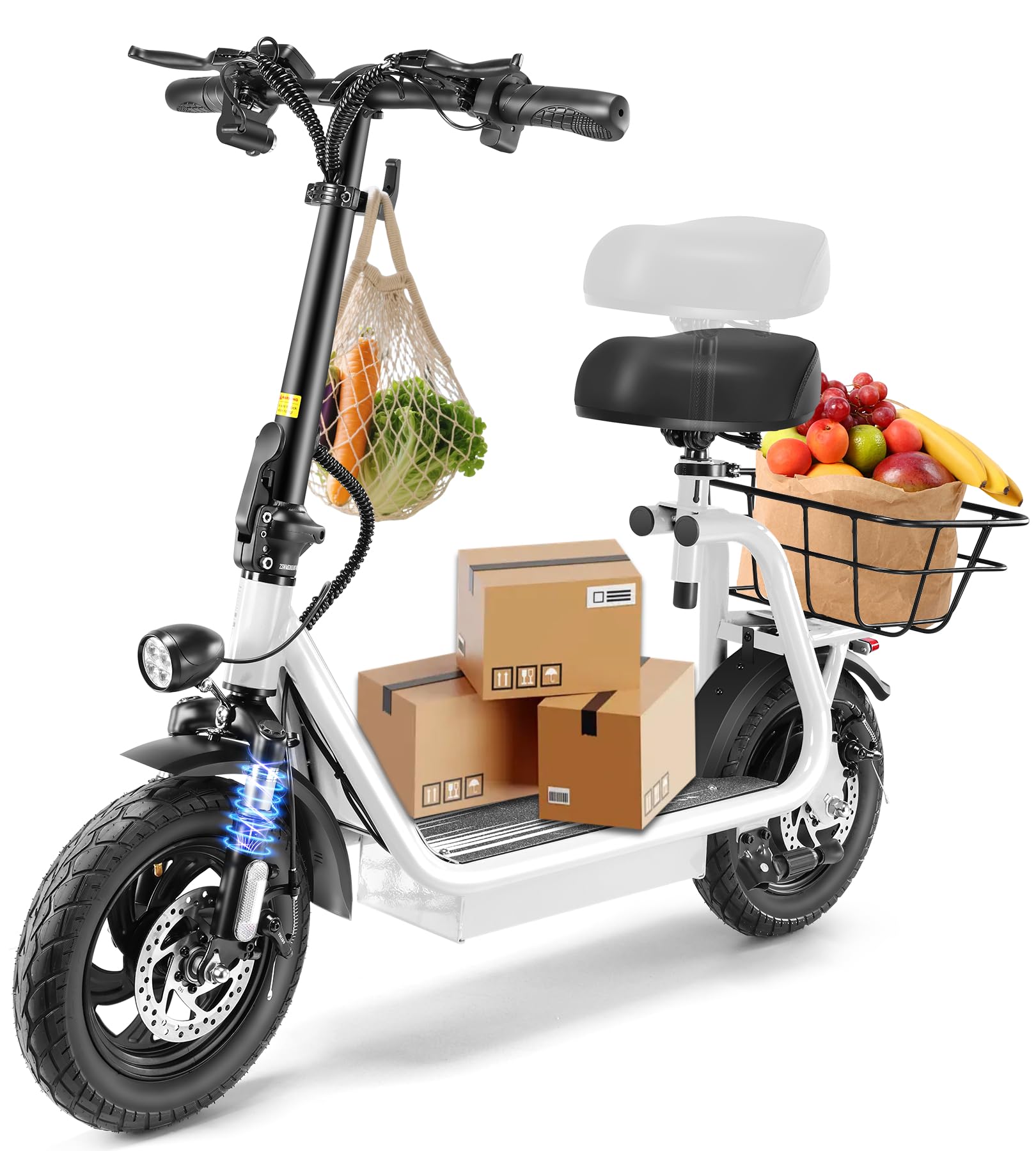 CaromaPeak 800W/1200W Electric Scooter Adults, 30 Miles Max Range, Foldable Electric Scooter with Seat, Front Suspension, Detachable Large Basket,Commuter E-Scooter for Adult and Teens