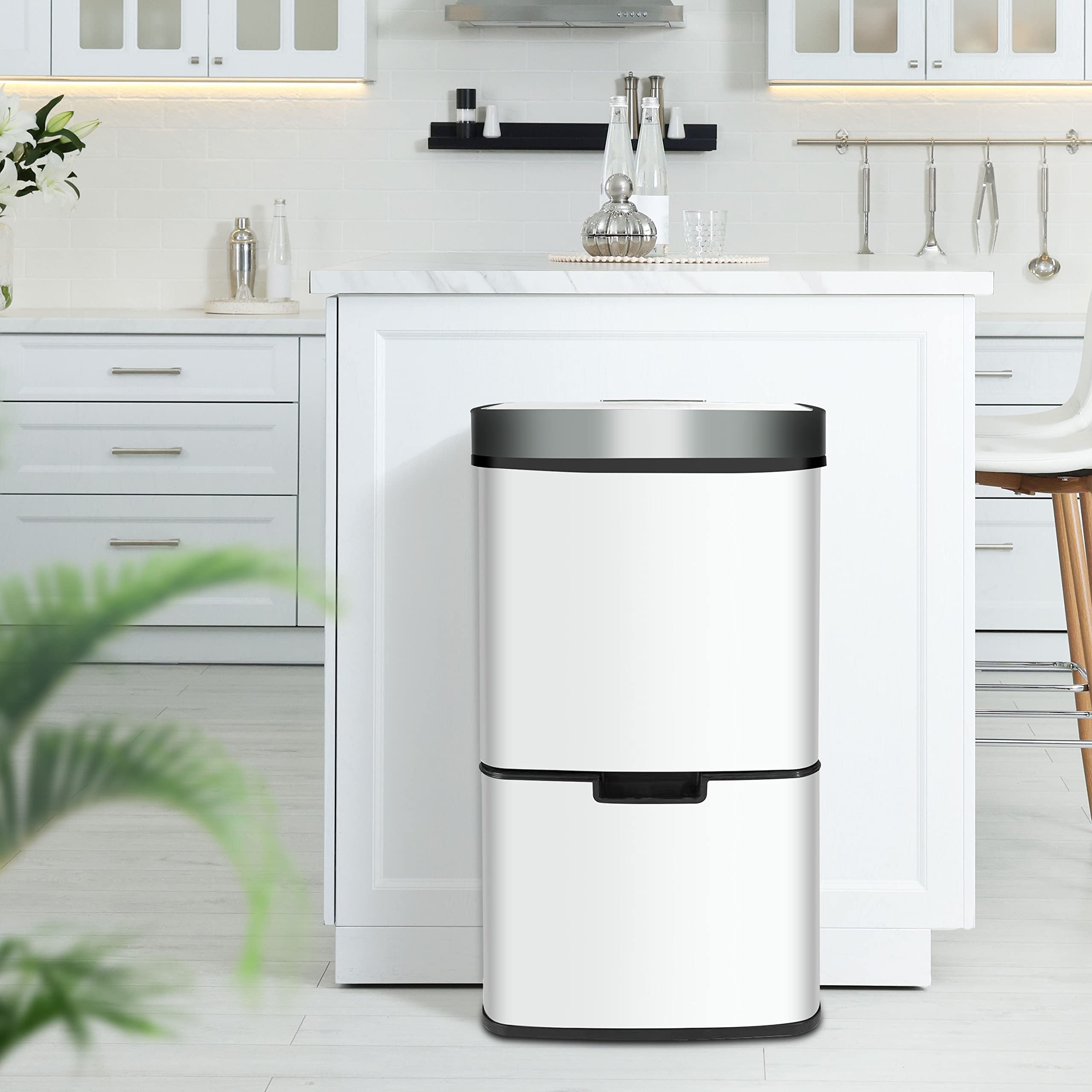 Ribelli Ze stali nierdzewnej – systemy segregacji śmieci z 3 + 1 przegródkami – kosz na śmieci z czujnikiem – 72 l (2 x 12 + 1 x 48 l) – designerski kosz na śmieci ze stali nierdzewnej – biały