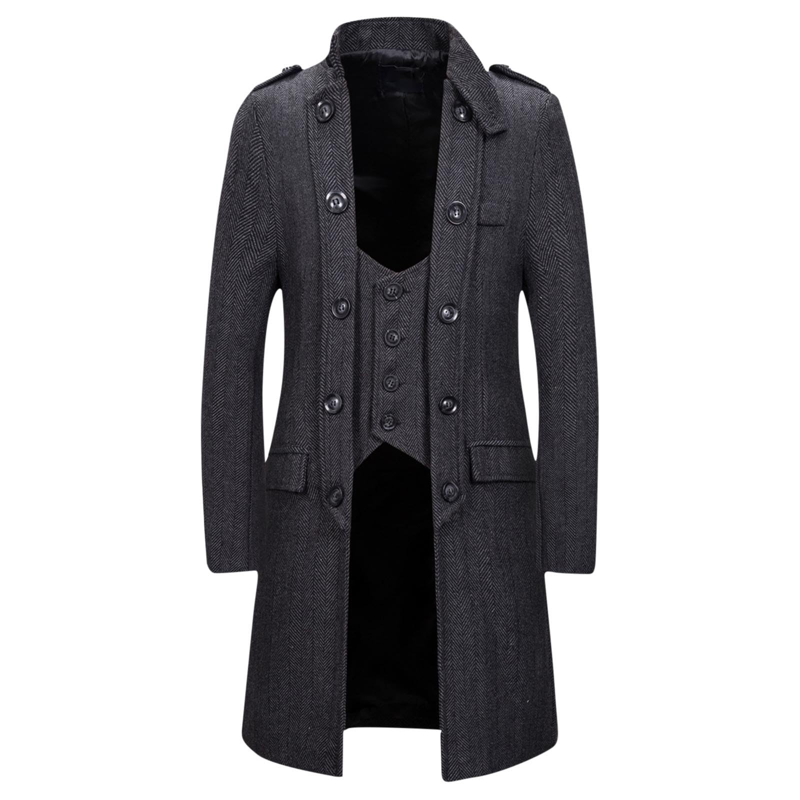 Cappotto Elegante Invernale Uomo Cappotto a Vento Uomo in Due Pezzi Falsi Slim Tinta Unita Cappotto di Media Lunghezza con Bottoni Collo alto a Maniche Lunghe Tasche Cappotto Sottile alla Moda Casual