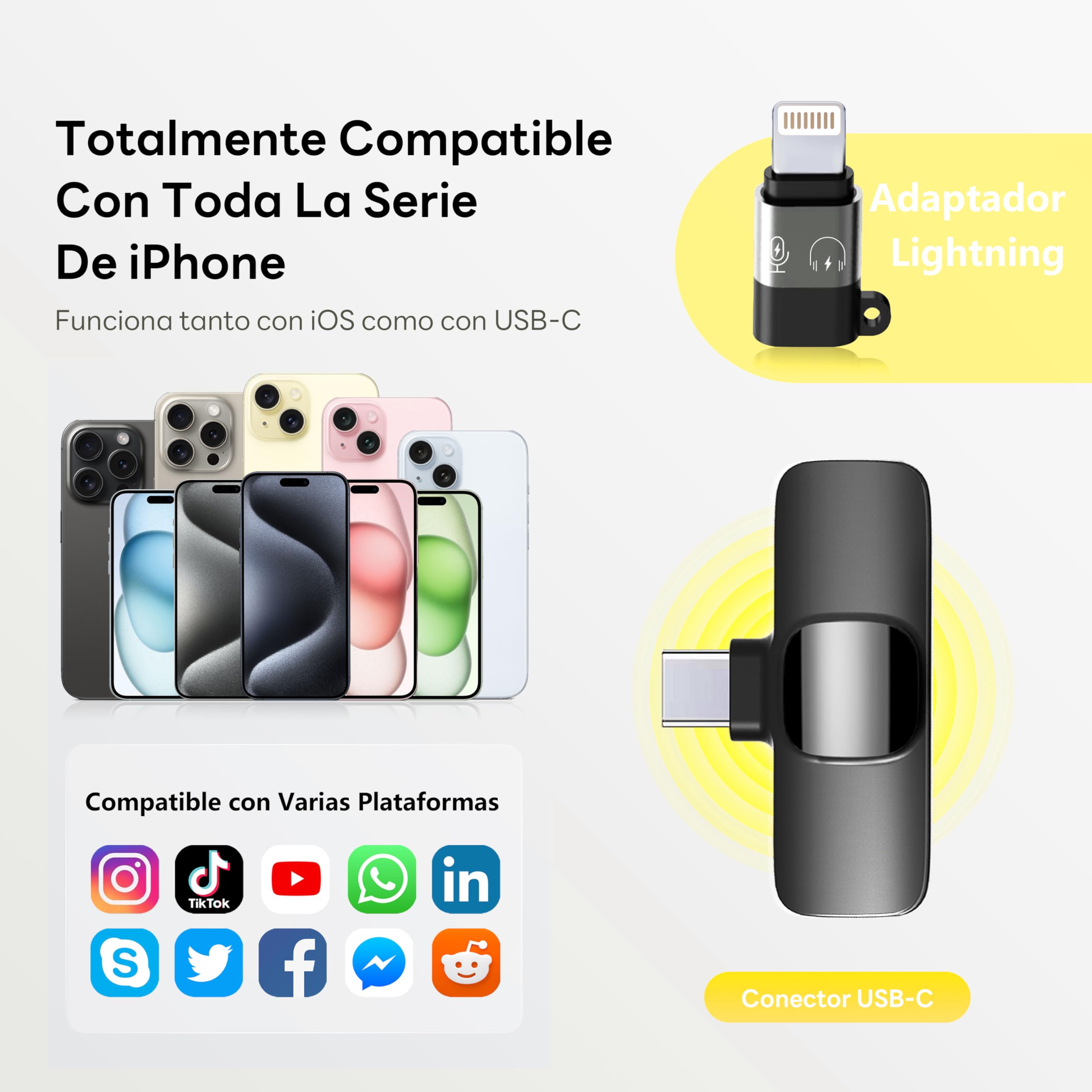 Micrófono inalámbrico para iPhone, iPad, Android, micrófono de Solapa para grabación de vídeo - 2 Pack iPhone Mic Crystal Clear Recording con USB-C para micrófono Podcast, ASMR, TikTok.