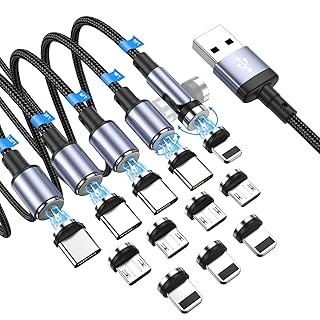 clenye Magnetic Charging Cable, Rotation Magnetic Phone Charger with LED 5Pack (9FT/9FT/6FT/3FT/1.6FT) Compatible with Micro USB, Type C and iProduct Device | Nylon-Braided Cords