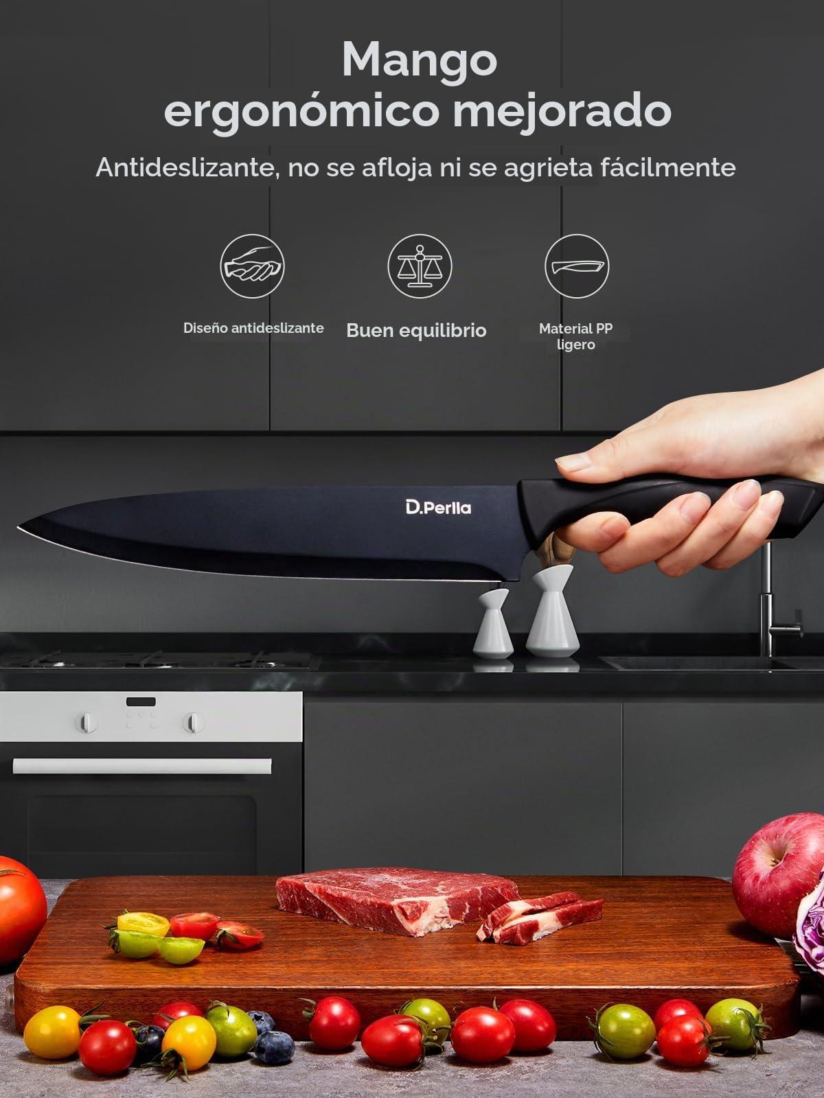 D.Perlla Juego de Cuchillos de Cocina Profesional 6 piezas Cuchillos Acero Inoxidable Cuchillo Chef Mango Ergonómico, Negro
