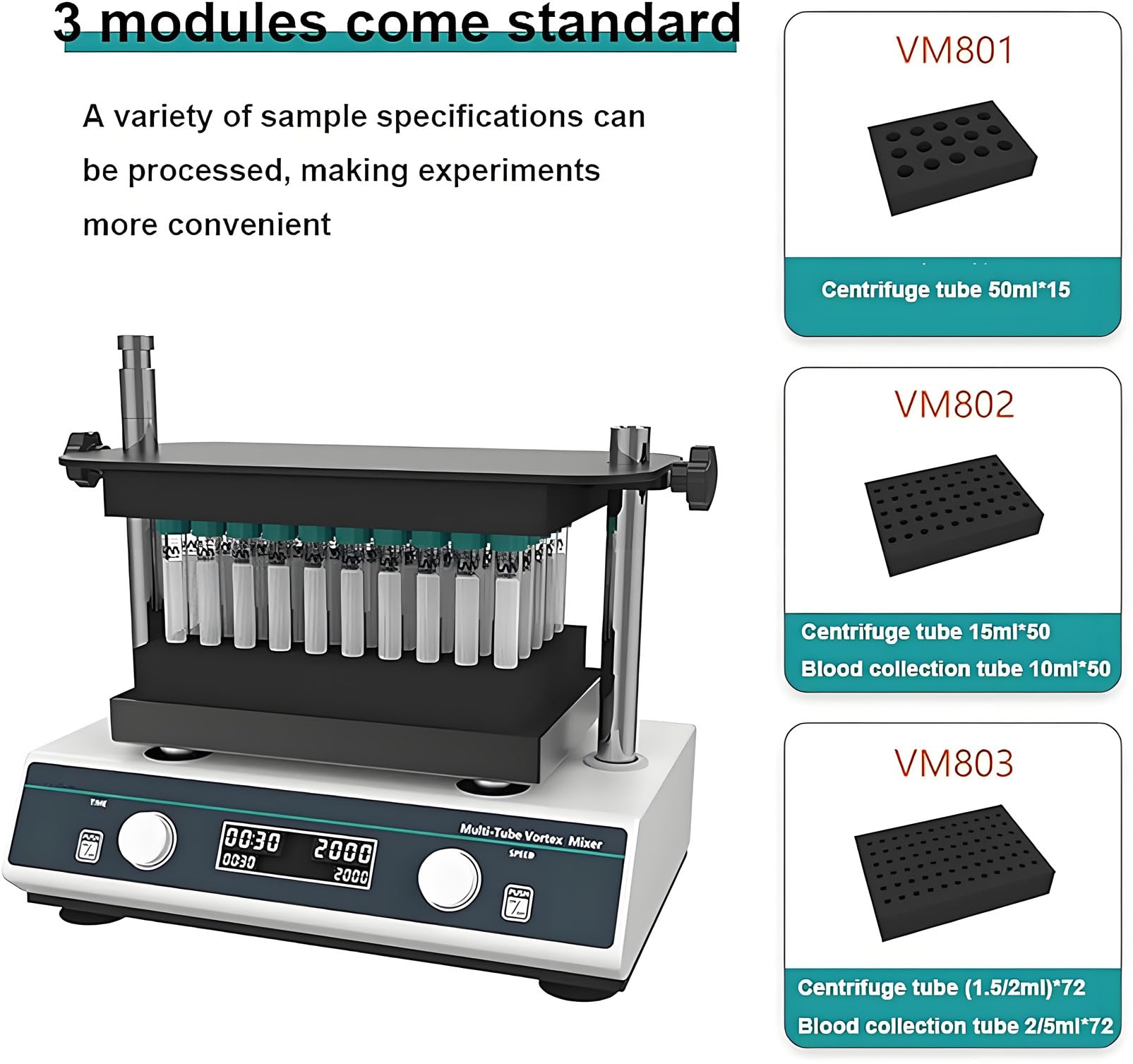 Agitador vórtex de Laboratorio con Capacidad para Tubos de 1,5 ml a 50 ml, 500-3000 RPM, 3 módulos, Control Digital, diseño Compacto para Laboratorios (420 x 280 x 335 mm)