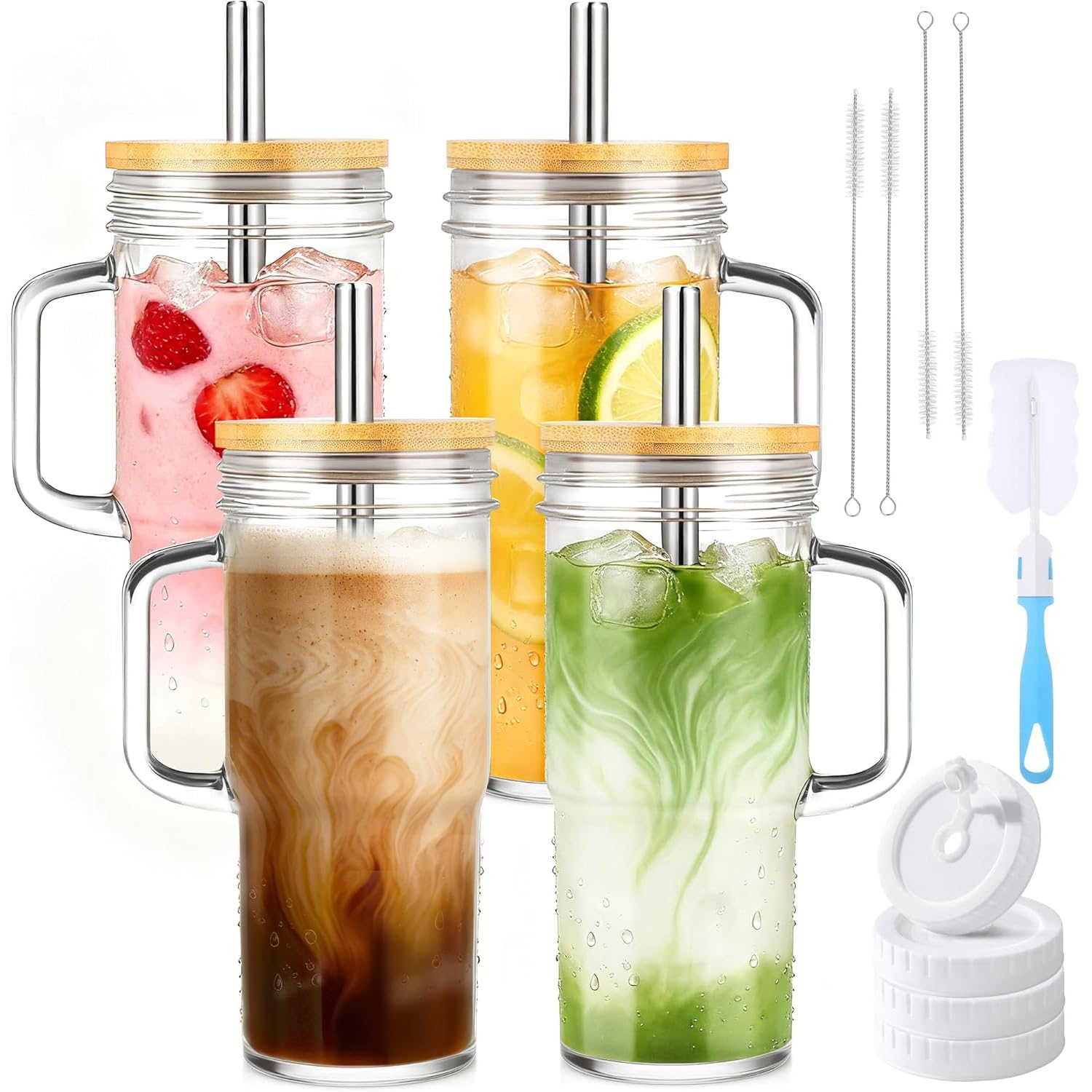 Birity Glass Cups with Lids and Straws 24oz Glass Tumbler With Handle 4 Pack Reusable Iced Coffee Cup