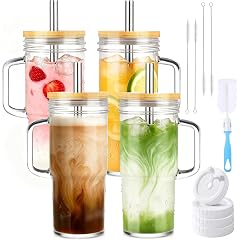 Birity Glass Cups with Lids and Straws 24oz Glass Tumbler With Handle 4 Pack Reusable Iced Coffee Cup