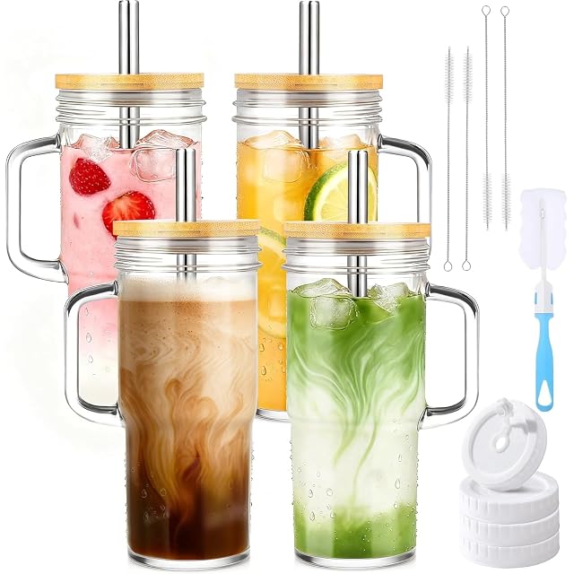 Birity Glass Cups with Lids and Straws 24oz Glass Tumbler With Handle 4 Pack Reusable Iced Coffee Cup