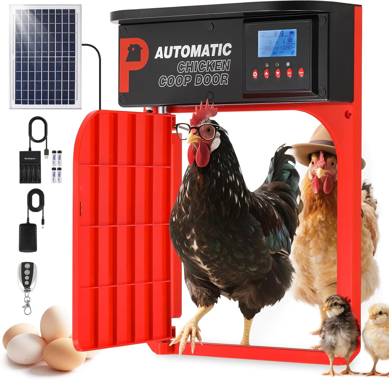 Automatic Chicken Coop Door, Upgrade Door Opening, Solar Powered Chicken Door, Light Sensor&Timer, Remote Control, Multiple Power Options with Solar Panel