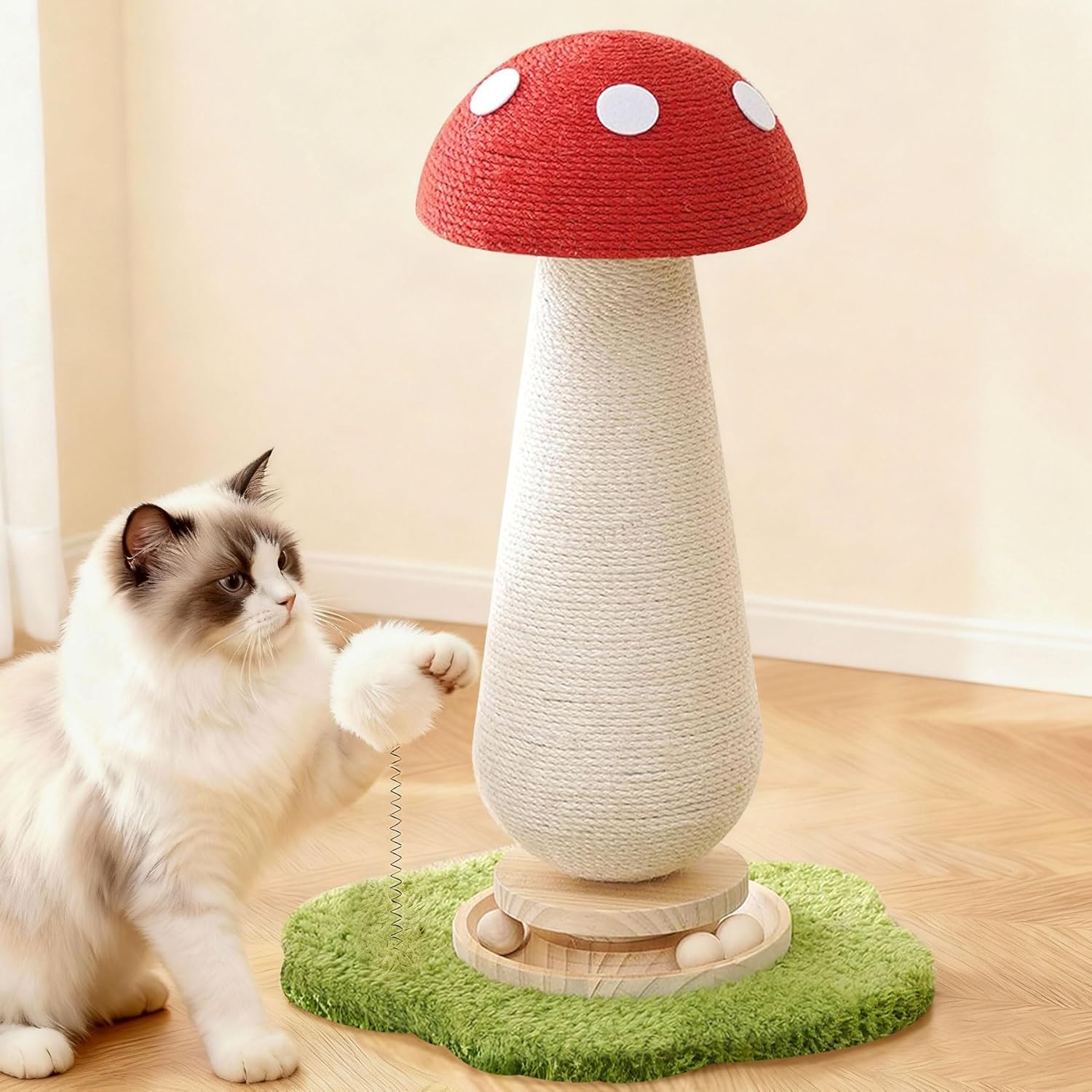 Cat Scratching Post,Mushroom Cat Scratcher with Sisal Scratching Poles with Interactive Toy Ball,Indoor Cat Toy