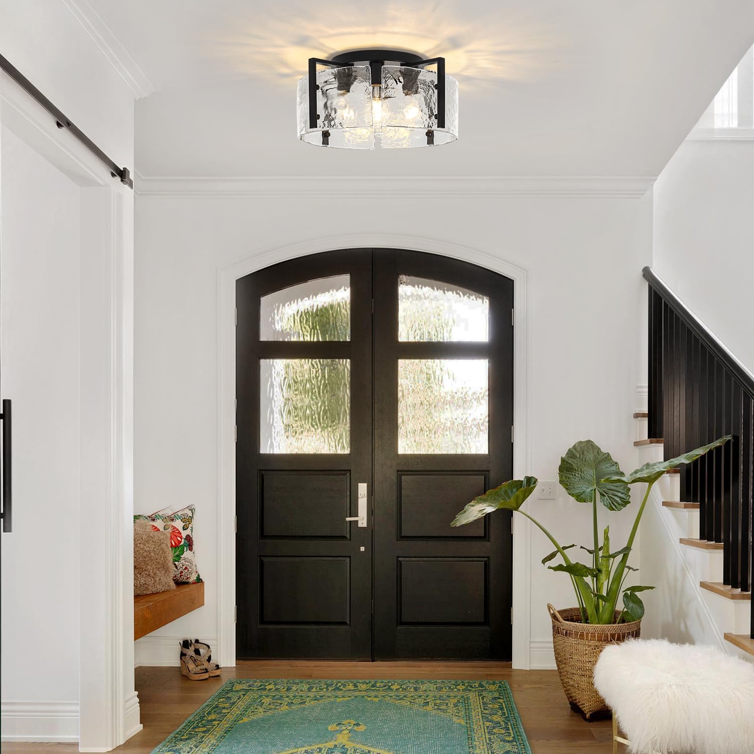 18.5'' Modern Black Semi Flush Mount Ceiling Light, Entryway Light Fixture, 4-Light Glass Ceiling Lights for Hallway Foyer Kitchen Island Dining Room Bedroom Living Room Bathroom Lighting Fixtures