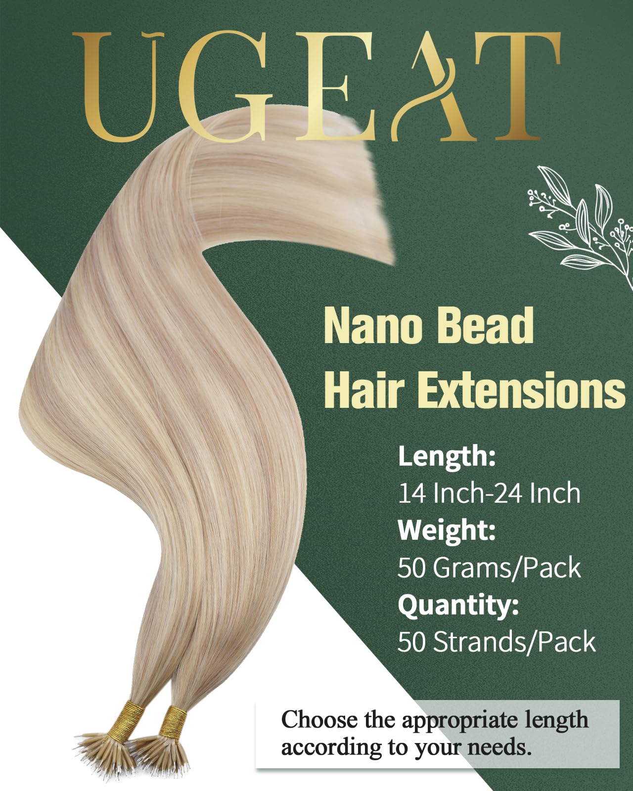 Ugeat Przedłużanie Włosów Nano Link, Włosy Ludzkie, Pasemka Popielaty Blond, 60 cm 50 sztuk 50g, Przedłużanie Włosów Nano Koralik Popielaty Blond, Remy Naturalne Proste
