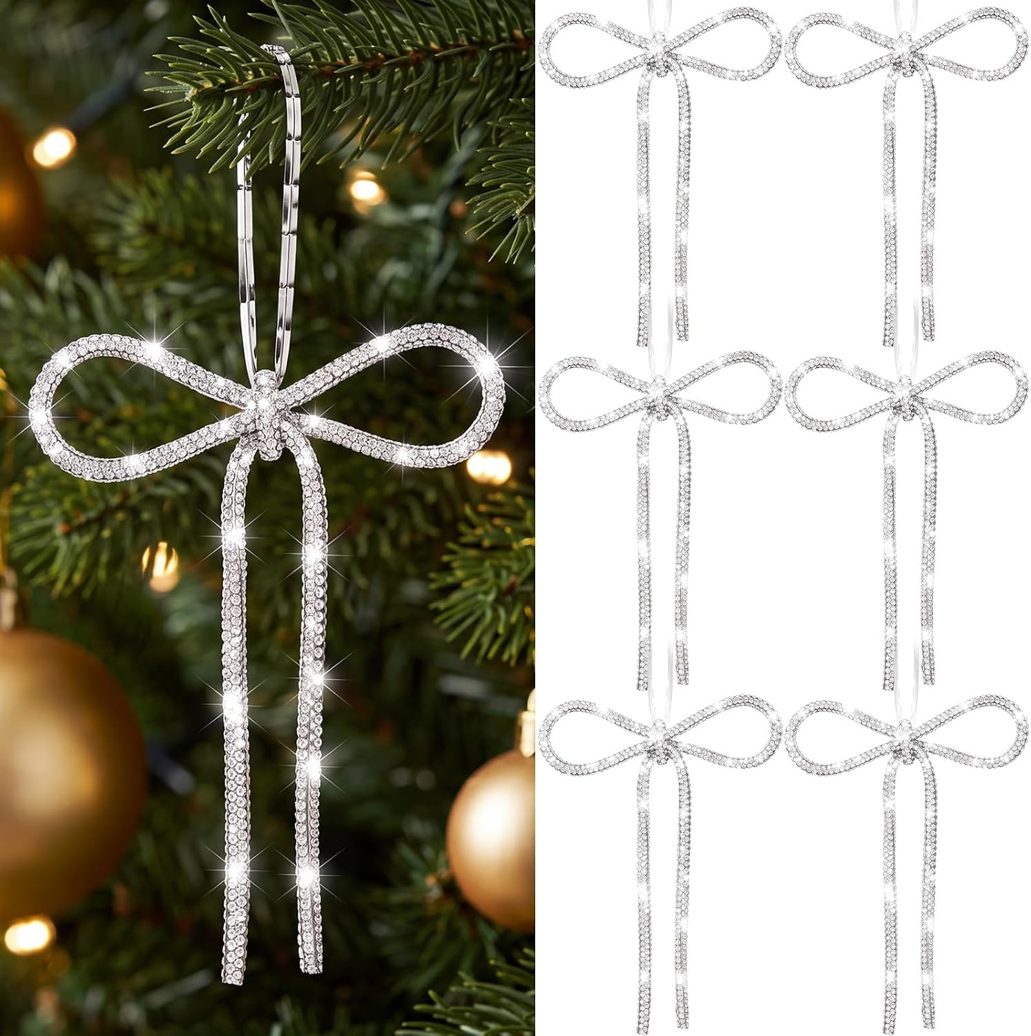 6 Pcs 7.48 Inch Silver Rhinestone Sparkly Bow Christmas Tree Ornaments