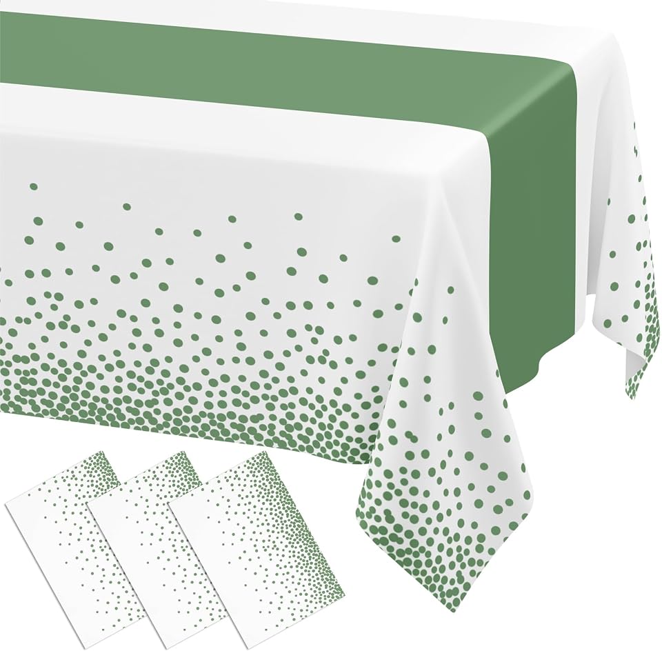 Smiry Plastic Table Cloth Disposable 3 Pack, 54 x 108 Inch Rectangle Waterproof Tablecloth, Printed Gold Table Runner Style for Easter, Birthday, Weeding, Leakproof & Sturdy, White and Sage Green
