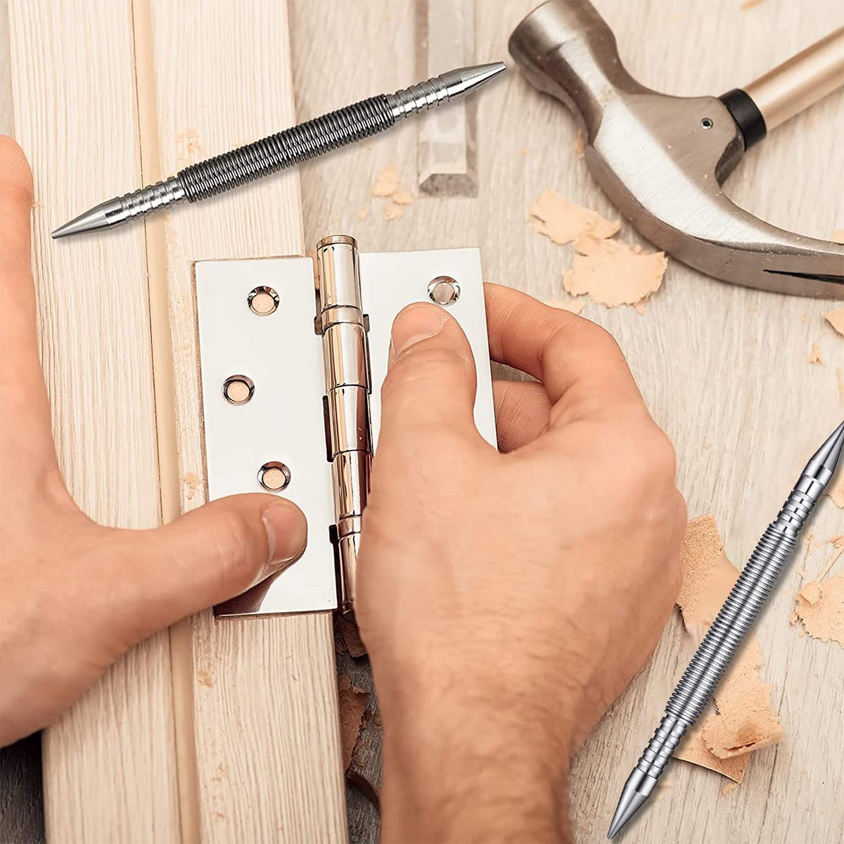 Spring Center Punch Hammerless Dual Head Nail Setter Spring Loaded High Carbon Steel Nail Punch Narrow Space Door Hinge Pin Remover Tool for Carpenter Woodworking (B2)