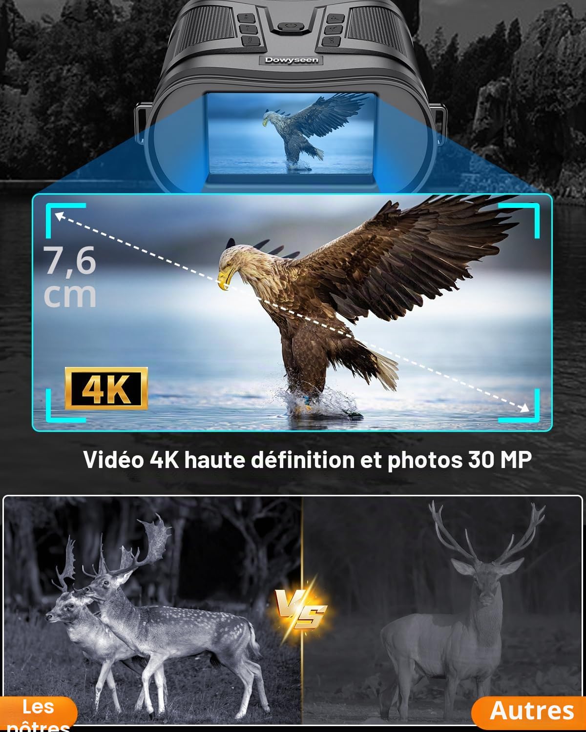 4K Jumelles & Lunette Vision Nocturne,1080P 6000mAh Rechargeable Infrarouge Vision Nocturne avec 3" HD ÉCRAN Zoom Numérique 6X, pour la Chasse, l'observation des Animaux, Le Camping