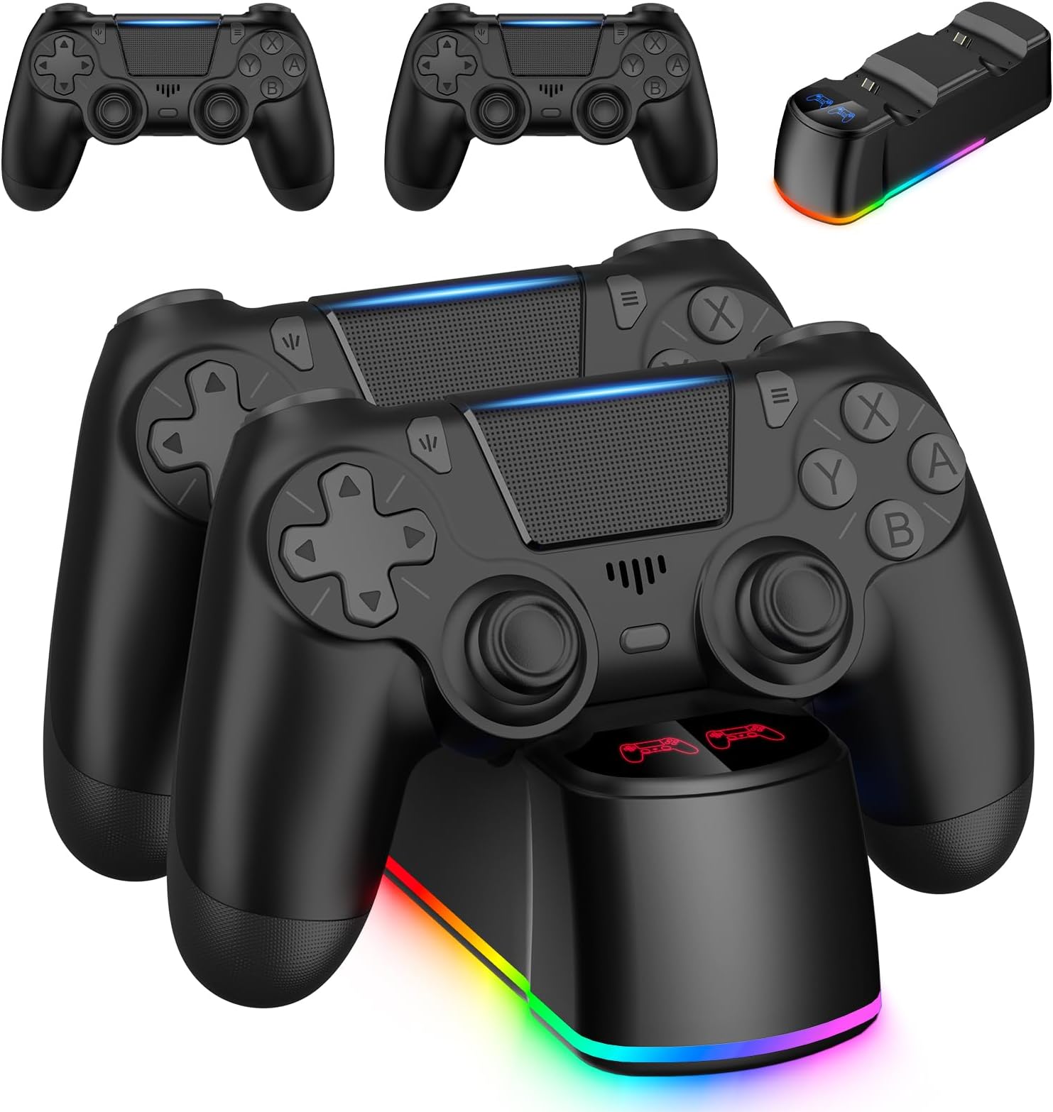 Fisherg 2 Pack Controllers with Charging Dock Station for PS4 Controller, Wireless Controller Compatible with PS4/Pro/Slim Consoles, with LED Charging Dock, Black