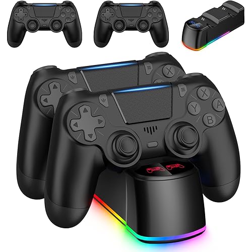 Fisherg 2 Pack Controllers with Charging Dock Station for PS4 Controller, Wireless Controller Compatible with PS4/Pro/Slim Consoles, with LED Charging Dock, Black