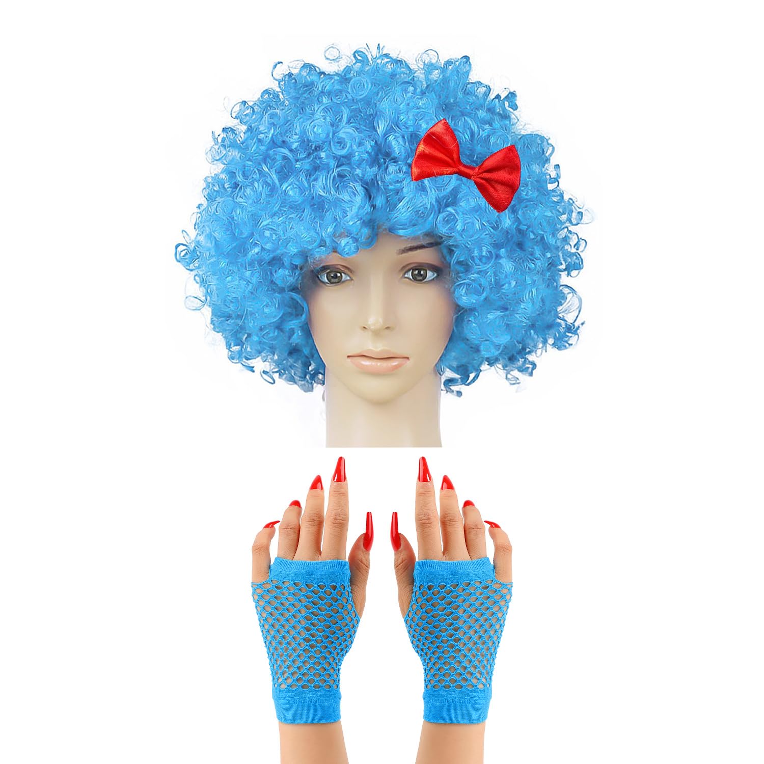 Tvsvkwe Blue 1 Wig And 1 Pair Of Fishnet Gloves, Funny Wigs, Role-Playing Props, Party Dressing Accessories, Costume Accessories.