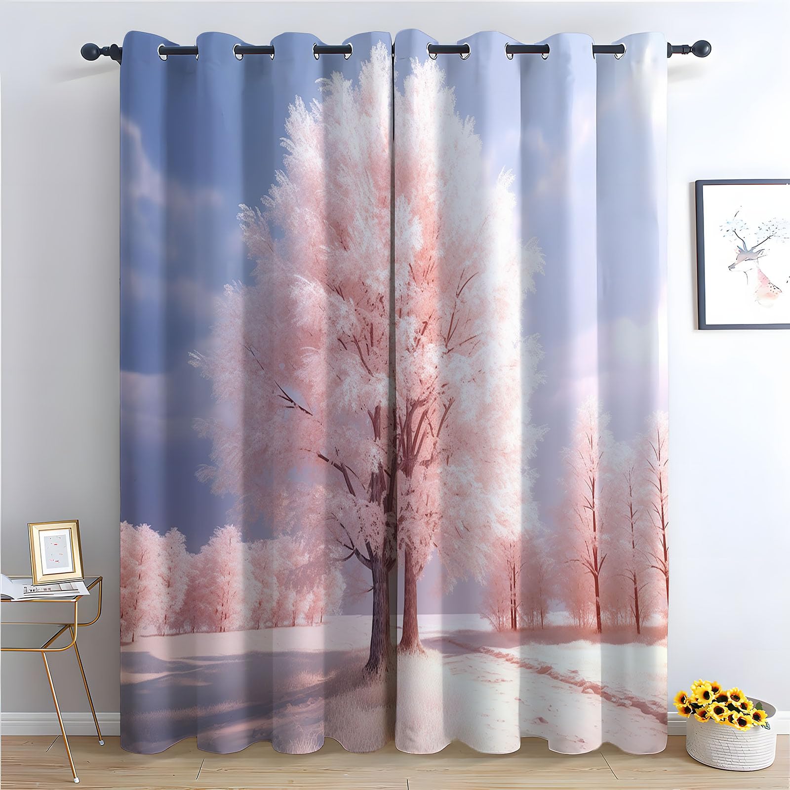 Rideaux paysage de la jungle paysage enneigé rose pour ambiance salon cocooning