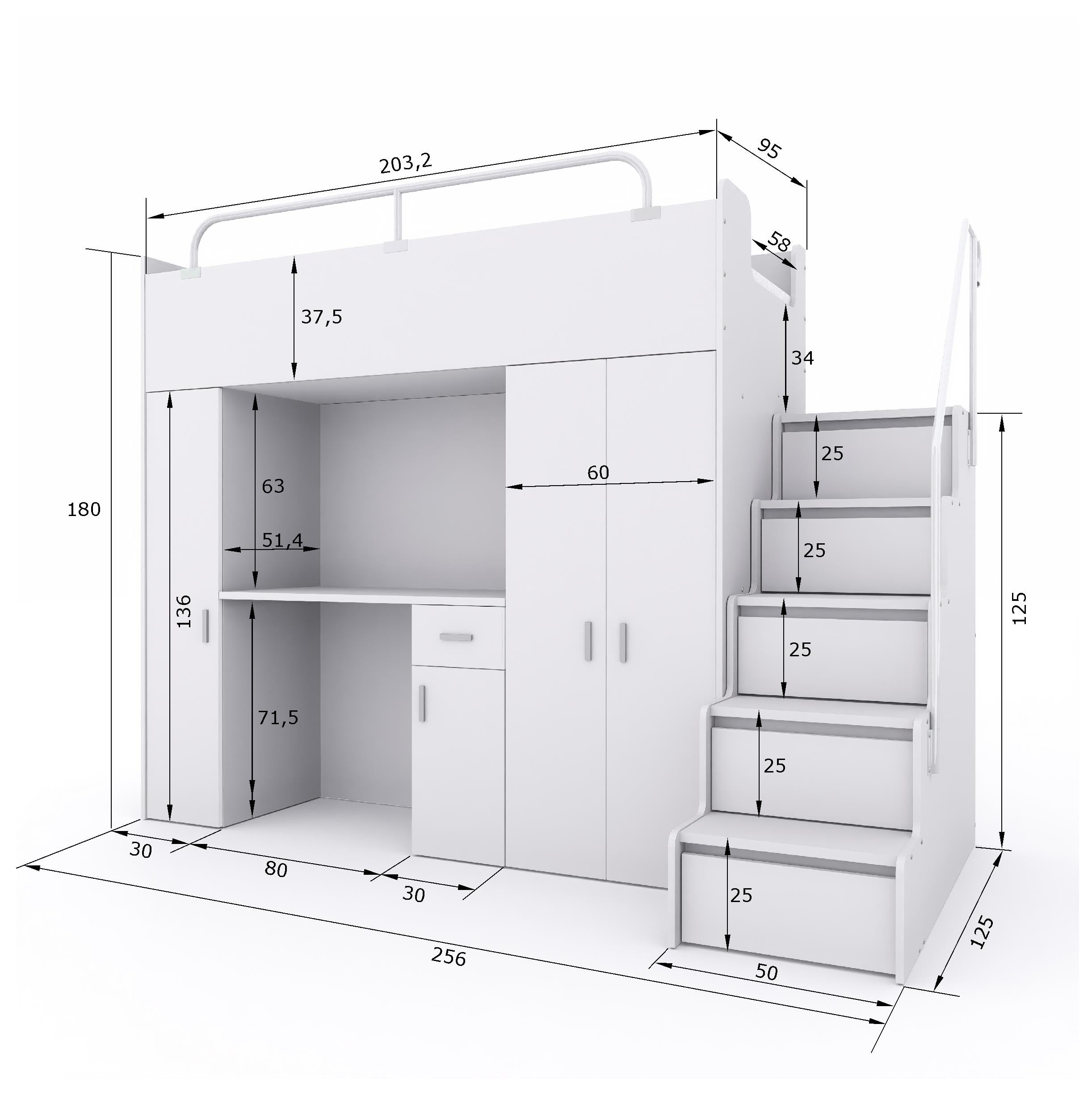 Hochbett Kinderbett JSM-5 90x200 mit Kleiderschrank Schreibtisch und Treppe Matt Etagenbett Stockbett Jugendhochbett (Weiß)