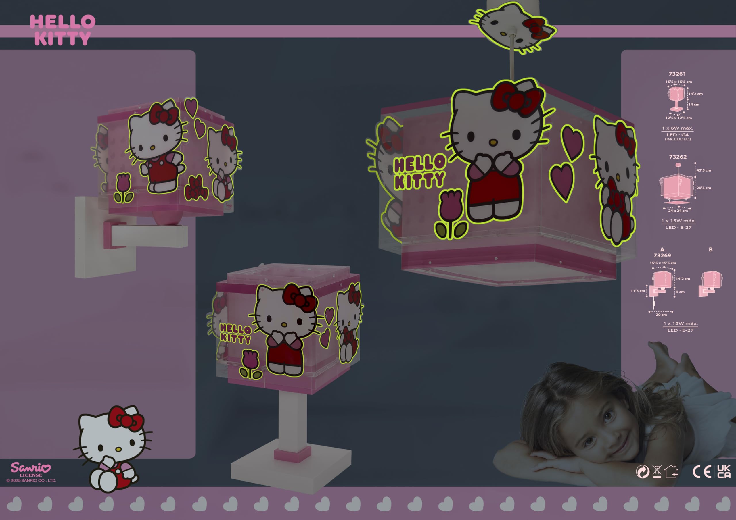Dalber Lámpara Aplique Pared Infantil Hello Kitty 73269 E27 | Lámpara aplique de pared con instalación directa a la corriente o mediante cable con interruptor incluido.