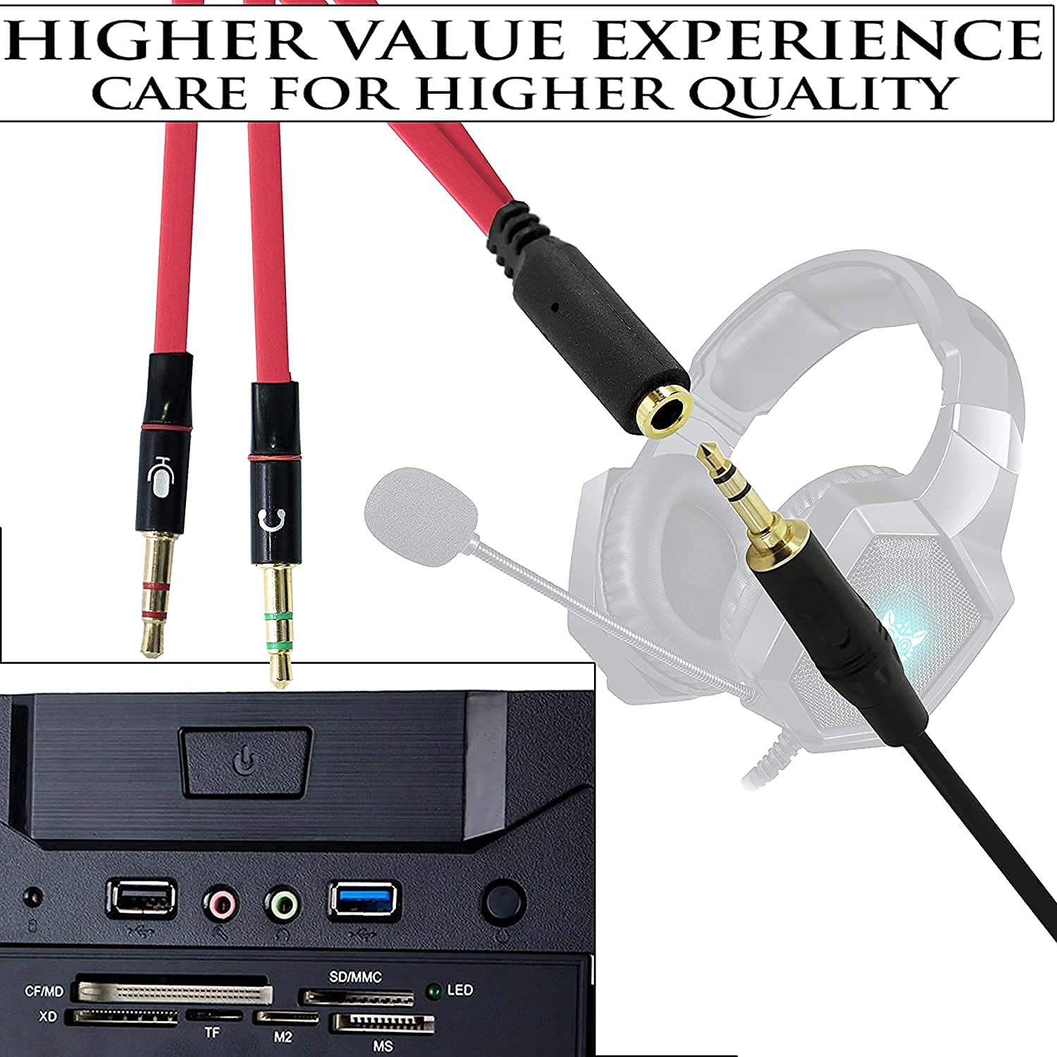 SaiTech IT Y-Splitterkabel für Kopfhörer, 2 Stecker auf 1 Buchse, 3,5 mm, für Kopfhörer, Mikrofon, Audio, Y-Splitterkabel für PC, Laptop, 20 cm, Rot, 2 Stück