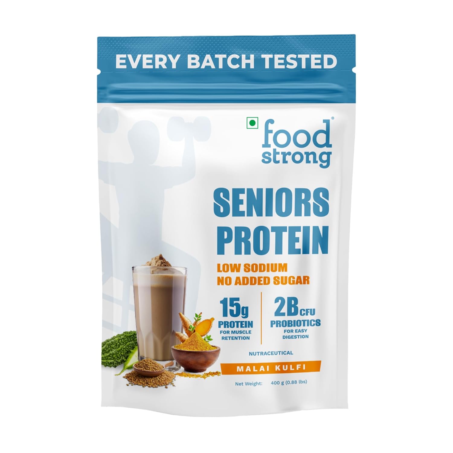 Foodstrong Seniors Protein Powder| Malai Kulfi | 15G Protein, 2B CFU Probiotics, Low Sodium, No Added Sugar | For Muscle Retention & Easy Digestion | 400G (8 Servings)